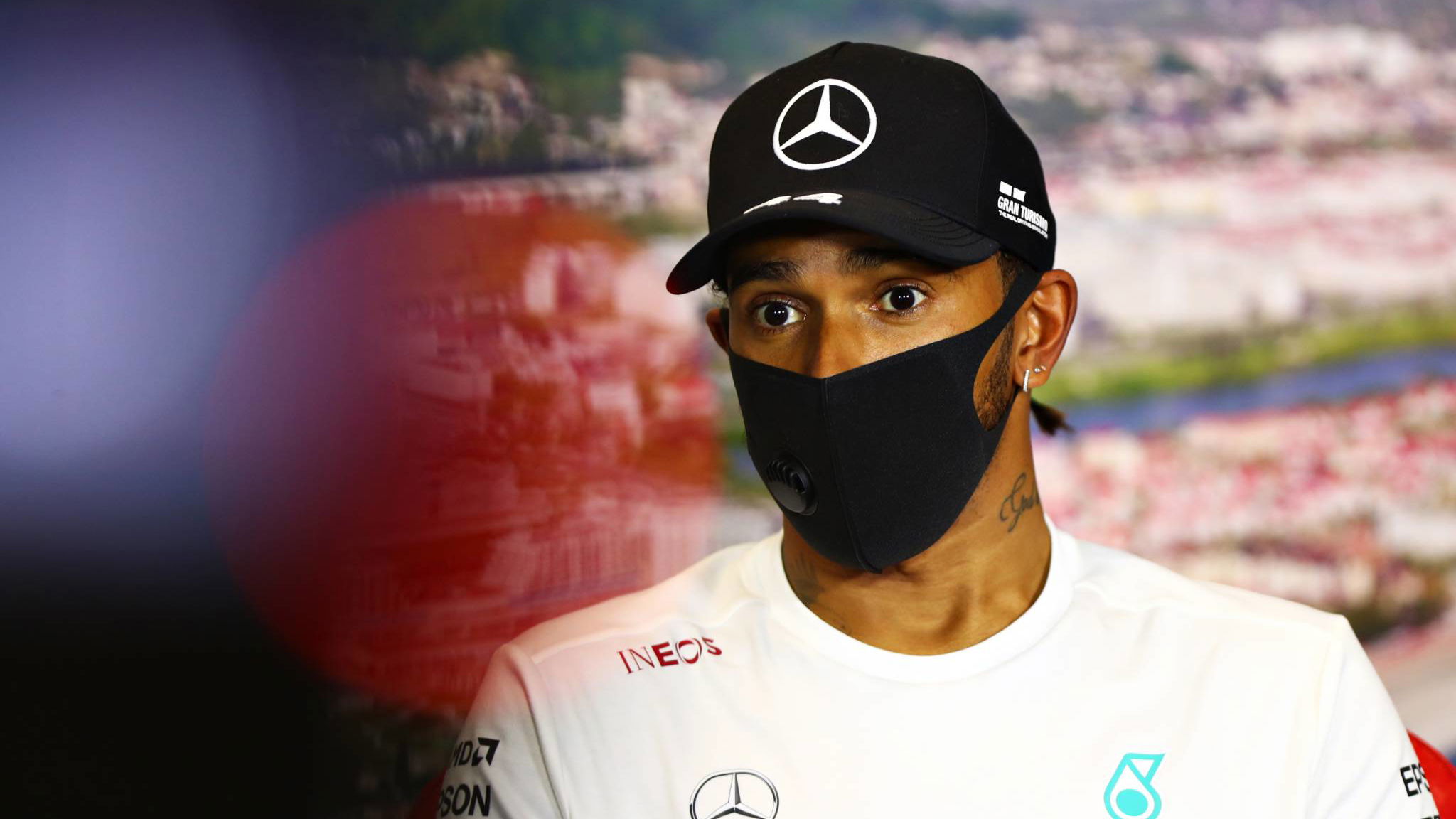 Lewis Hamilton (GBR) Mercedes AMG F1 in the post race FIA Press Conference.