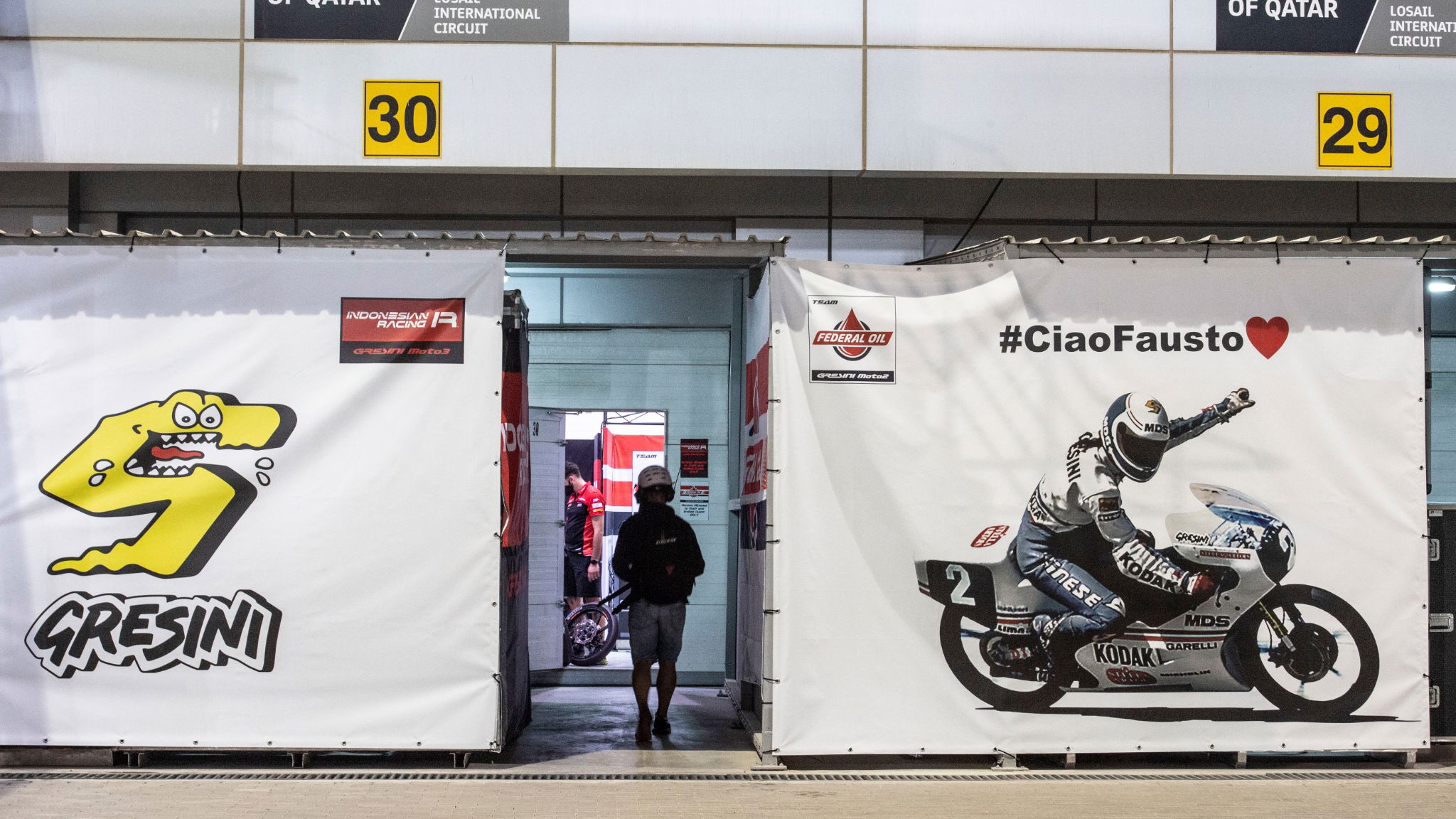 Fausto Gresini banner outside the pit box, MotoGP, Qatar MotoGP 26 March 2021