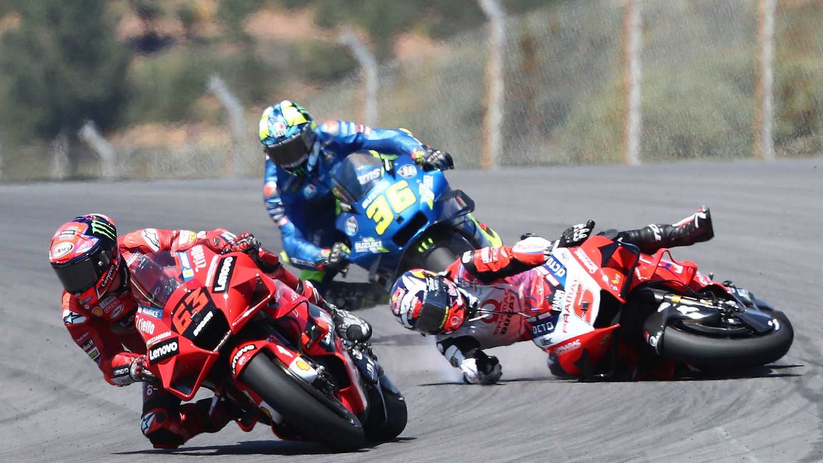 Johann Zarco crashed behind Francesco Bagnaia MotoGP race, Portuguese MotoGP. 18 April 2021