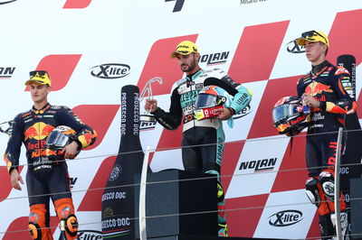 Dennis Foggia, Jaume Masia, Pedro Acosta podium, Moto3 race, Emilia-Romagna MotoGP, 24 October 2021