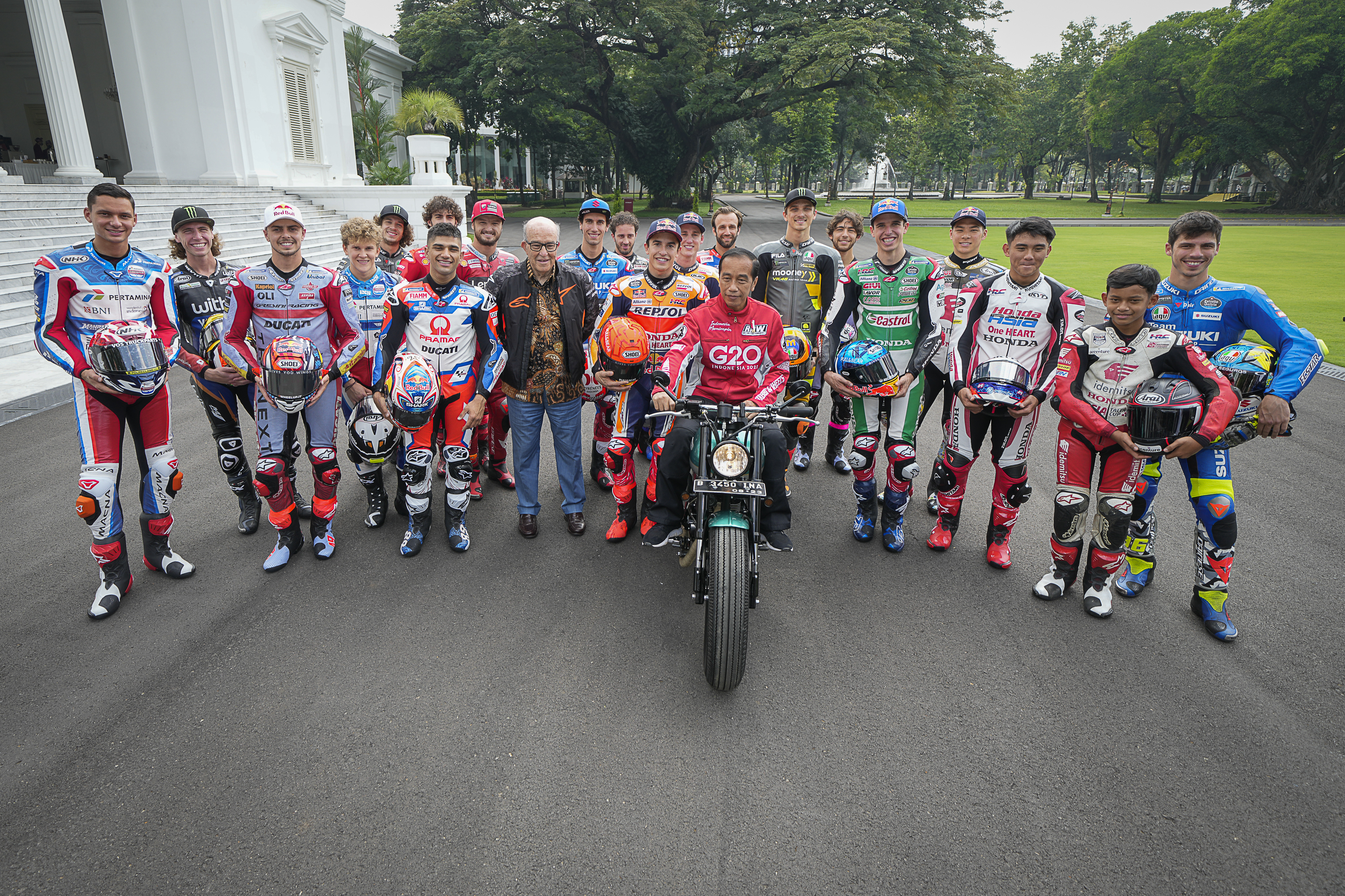 MotoGP riders alongside the Indonesian president ahead of the country's first Grand Prix since 1997