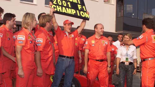 World Champions: Michael, Ferrari and Bridgestone.