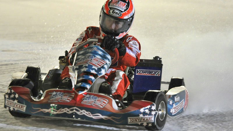 Hayden wins Ferrari/Ducati kart race.