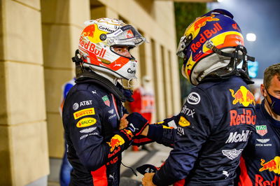 (L to R): Max Verstappen (NLD) Red Bull Racing celebrates his second position with third placed team mate Alexander Albon