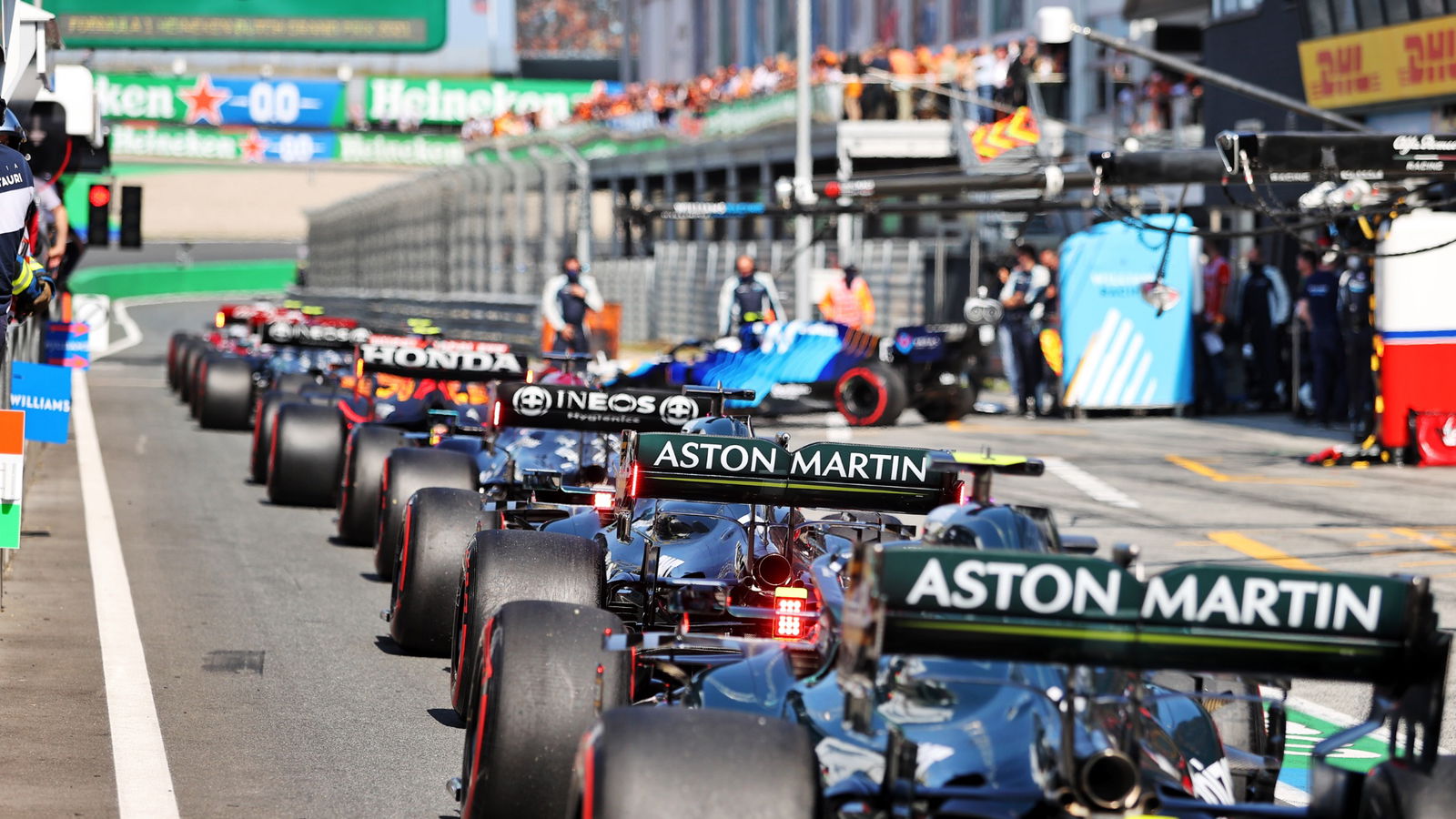 Lance Stroll (CDN) Aston Martin F1 Team AMR21 and Sebastian Vettel (GER) Aston Martin F1 Team AMR21 in the