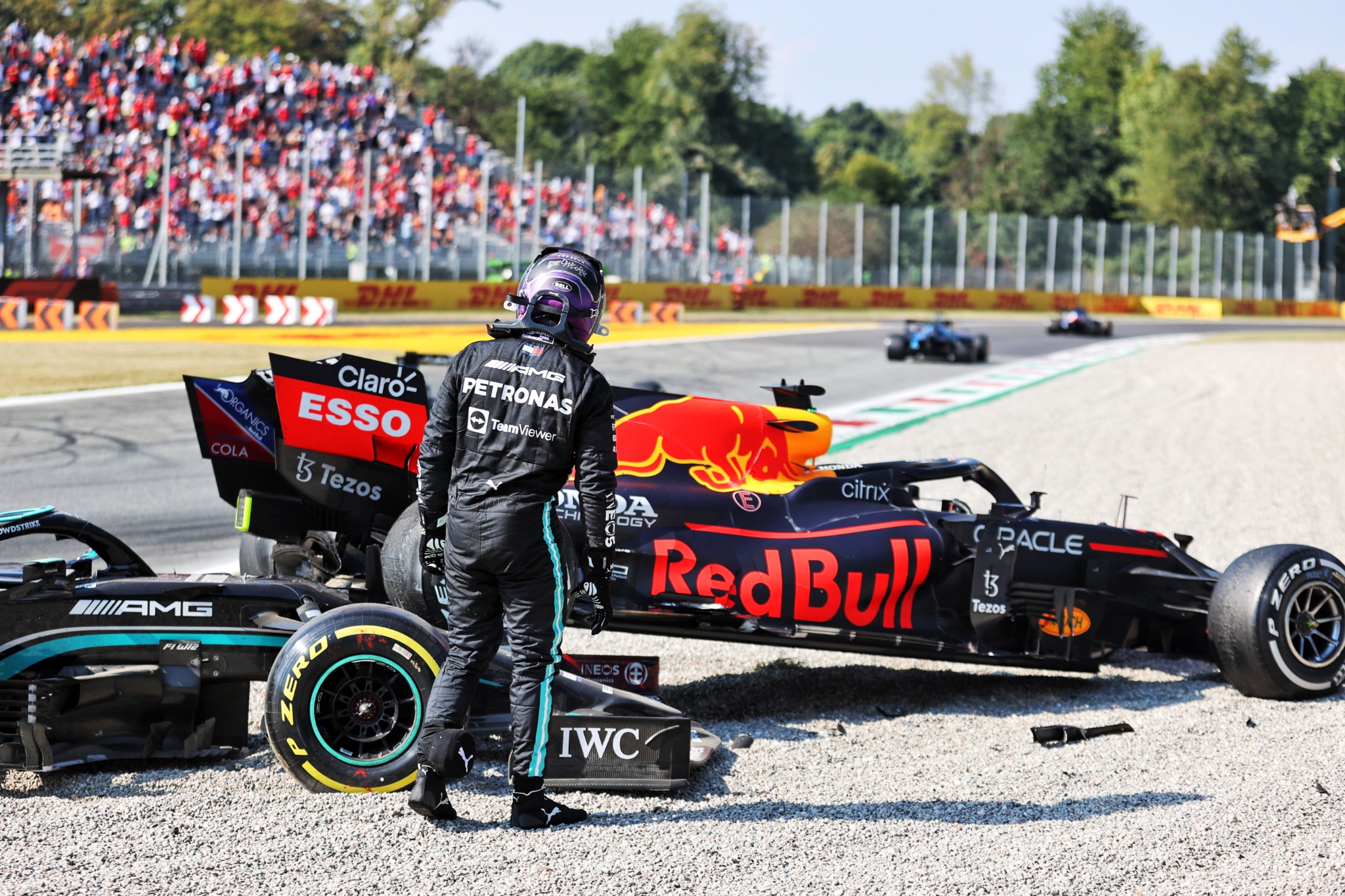 Lewis Hamilton (GBR) Mercedes AMG F1 W12 after he crashed with Max Verstappen (NLD) Red Bull Racing at the first