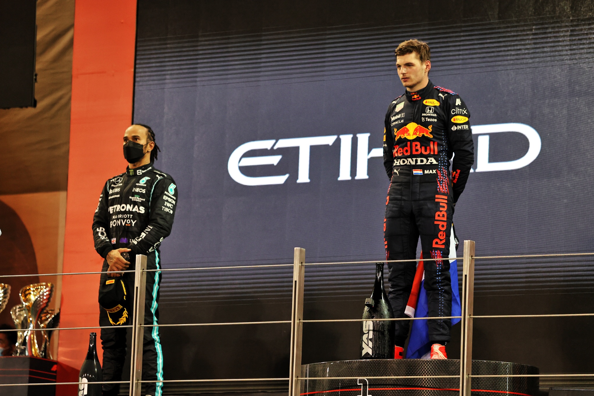 (L to R): second placed Lewis Hamilton (GBR) Mercedes AMG F1 on the podium with race winner and World Champion Max