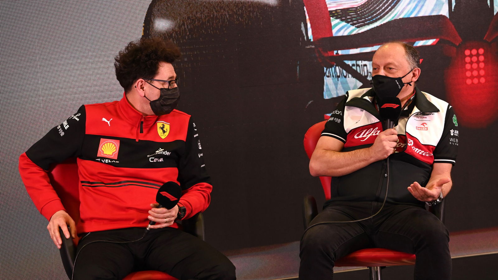 (L to R): Mattia Binotto (ITA) Ferrari Team Principal and Frederic Vasseur (FRA) Alfa Romeo F1 Team Team Principal in the