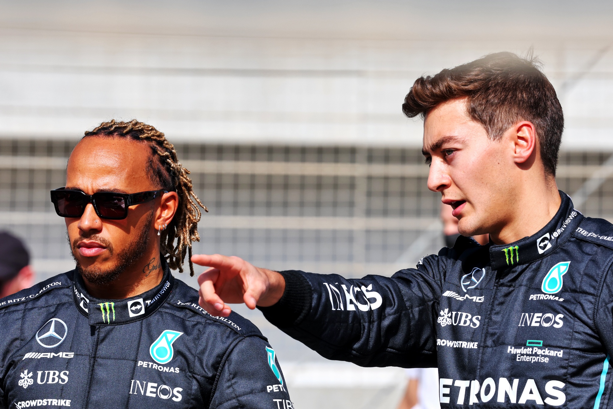 George Russell (GBR) Mercedes AMG F1 and Lewis Hamilton (GBR) Mercedes AMG