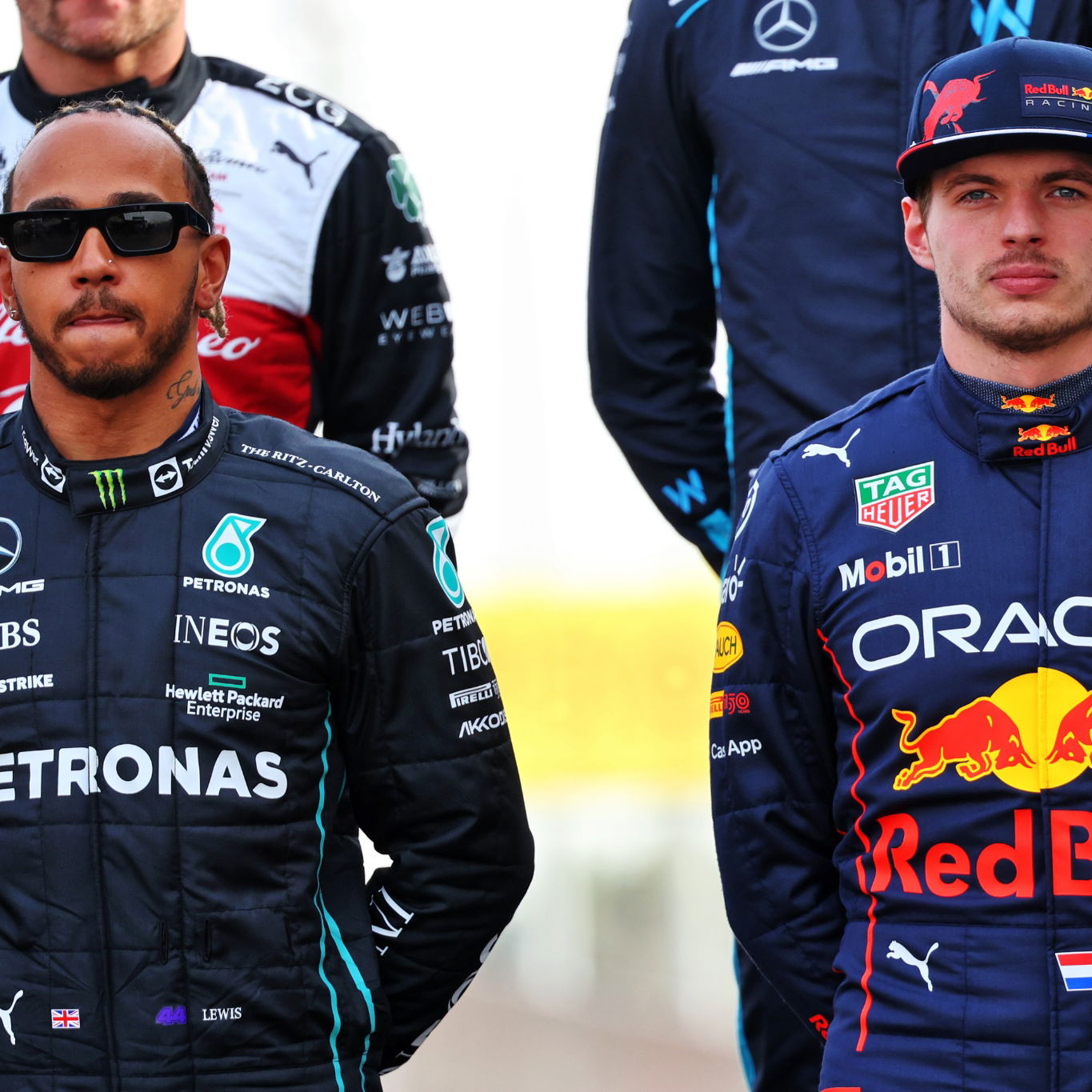 (L to R): Lewis Hamilton (GBR) Mercedes AMG F1 and Max Verstappen (NLD) Red Bull Racing at the start of season driver's