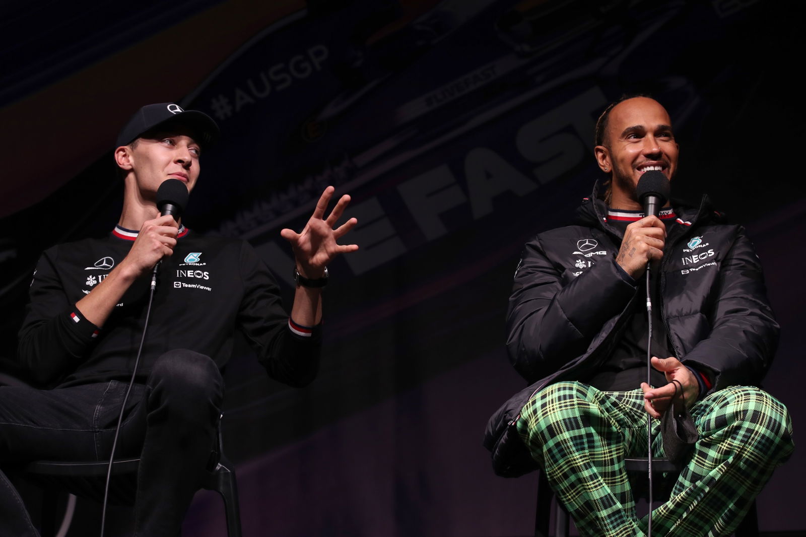 (L to R): George Russell (GBR) Mercedes AMG F1 with team mate Lewis Hamilton (GBR) Mercedes AMG F1. Formula 1 World