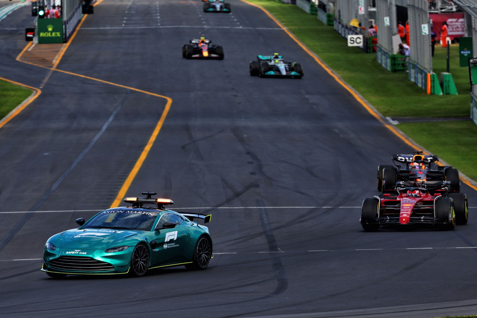 Charles Leclerc (MON) Ferrari F1-75 leads behind the Aston Martin FIA Safety Car. Formula 1 World Championship, Rd 3,