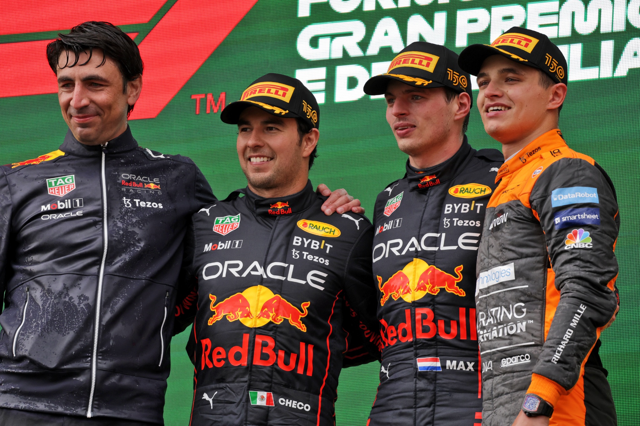The podium (L to R): Enrico Balbo, Red Bull Racing Head of Aerodynamics; Sergio Perez (MEX) Red Bull Racing, second; Max