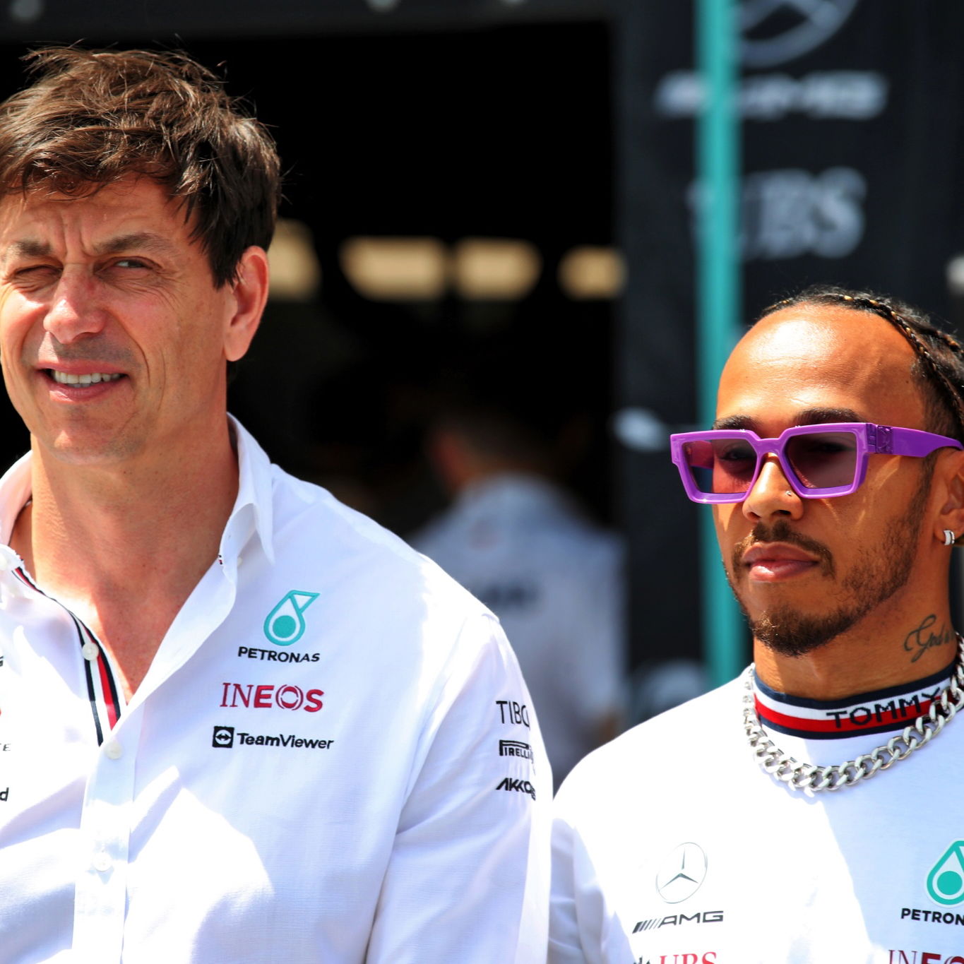 (L to R): Toto Wolff (GER) Mercedes AMG F1 Shareholder and Executive Director with Lewis Hamilton (GBR) Mercedes AMG F1.
