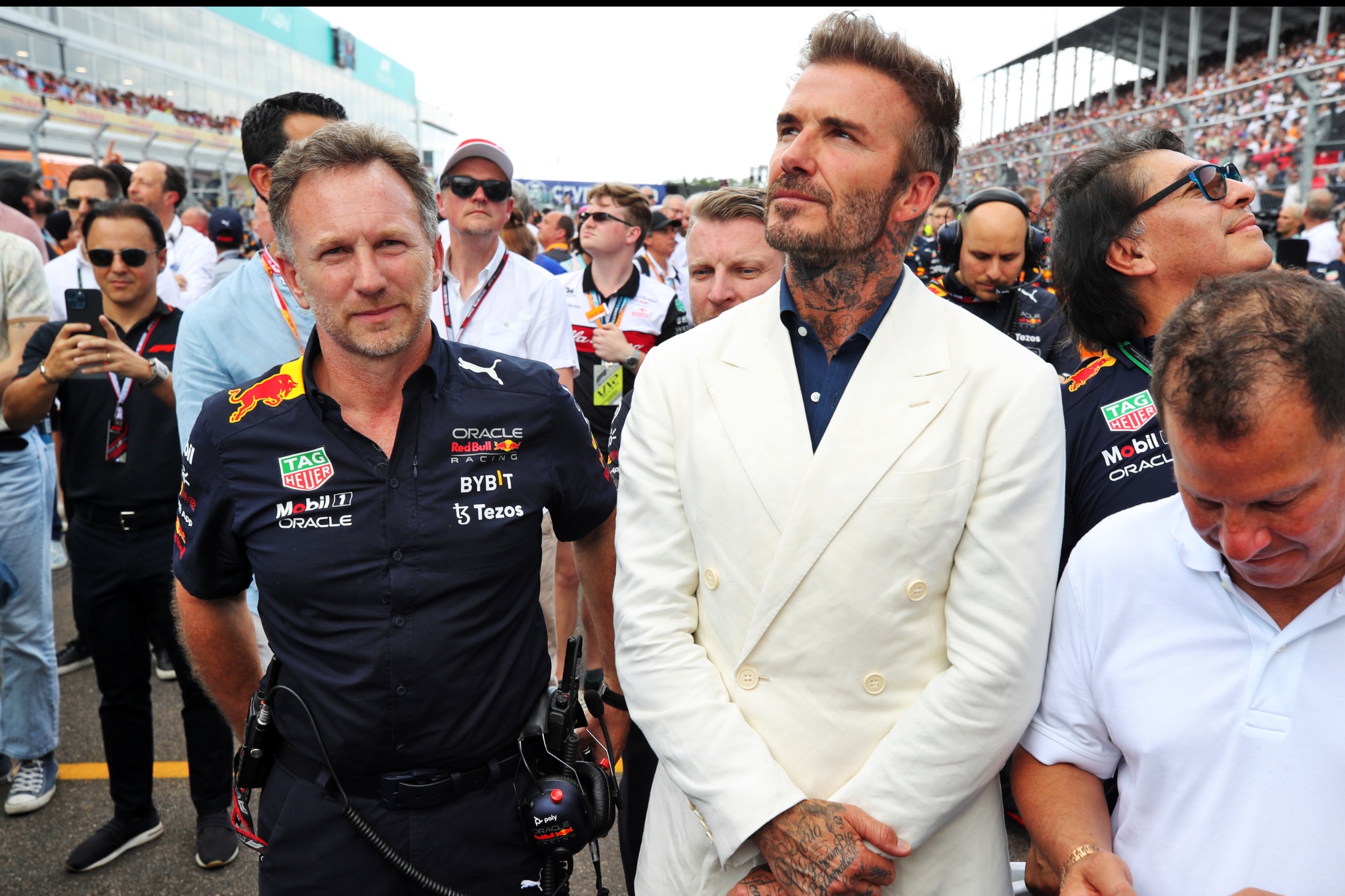 (L to R): Christian Horner (GBR) Red Bull Racing Team Principal with David Beckham (GBR) Former Football Player on the