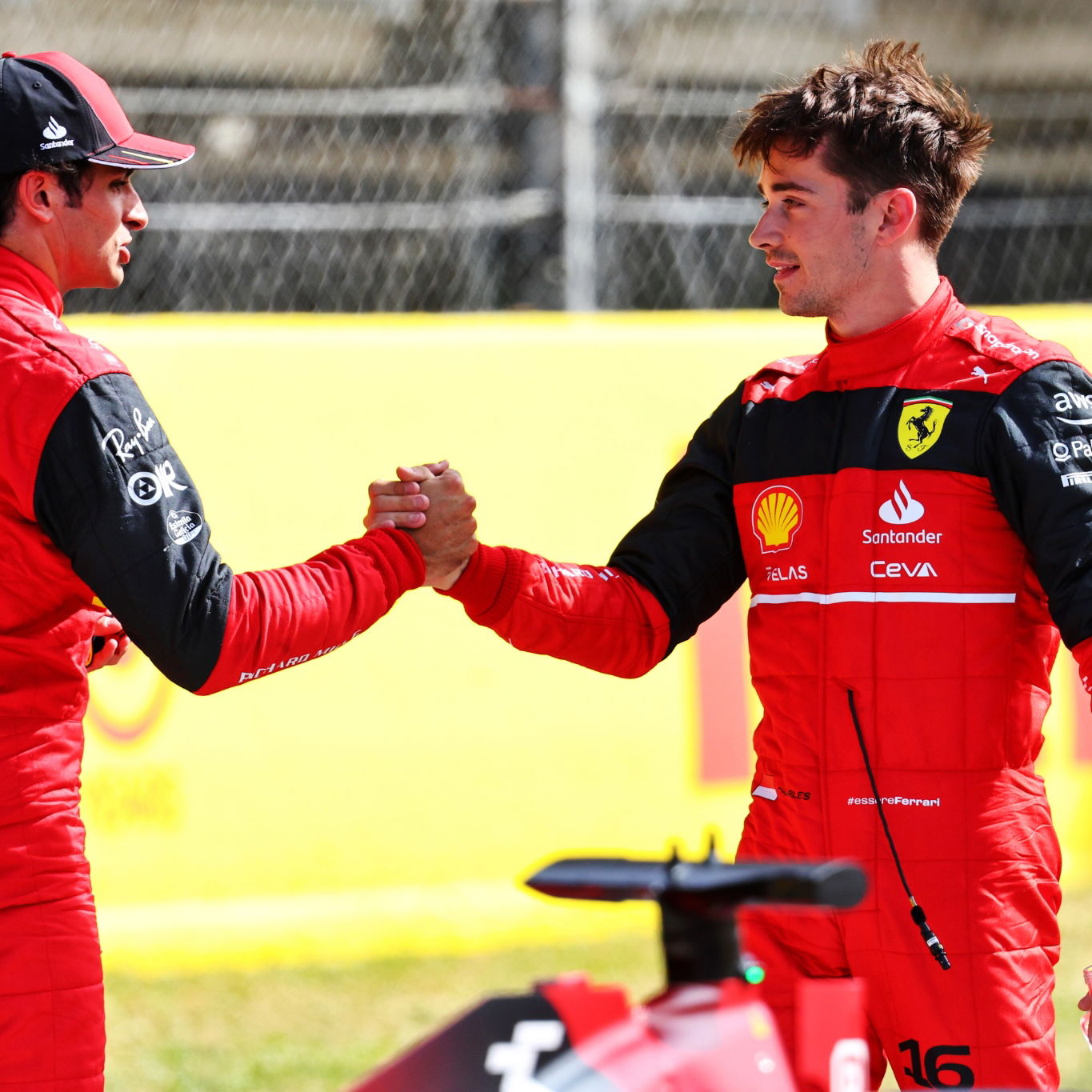 Charles Leclerc (MON) Ferrari (Right) celebrates his pole position in qualifying parc ferme with third placed team mate