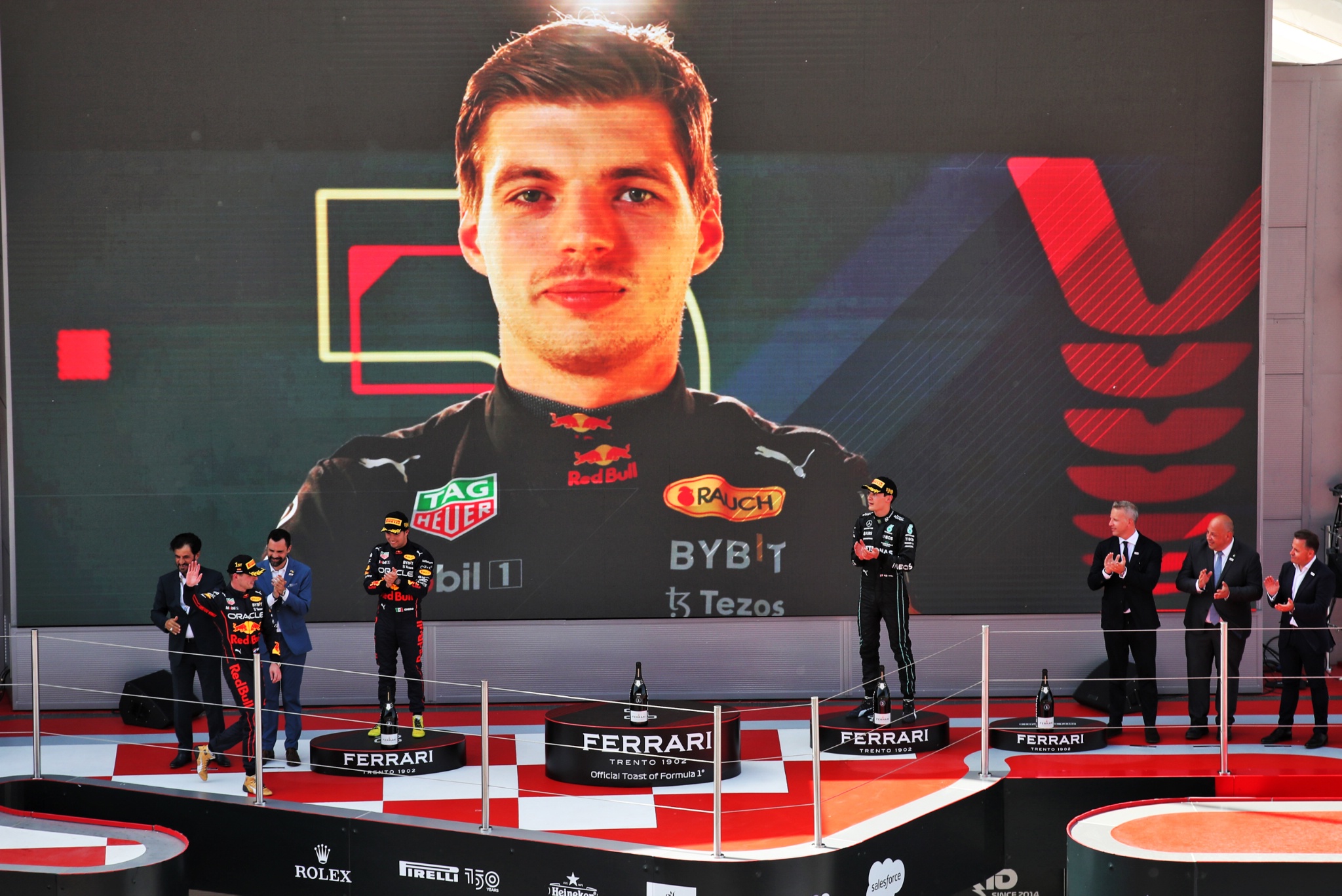 The podium: Sergio Perez (MEX) Red Bull Racing, second; Max Verstappen (NLD) Red Bull Racing, race winner; George Russell