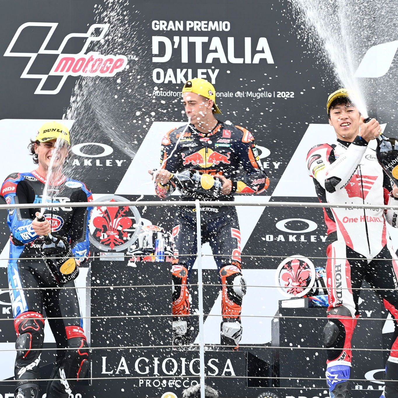 Pedro Acosta, Joe Roberts, Ai Ogura podium, Moto2 race, Italian MotoGP, 29 May