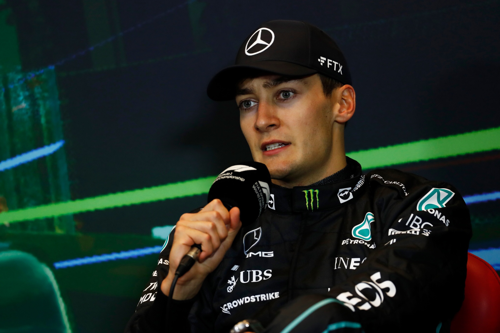 George Russell (GBR) Mercedes AMG F1 in the post race FIA Press Conference. Formula 1 World Championship, Rd 8, Azerbaijan