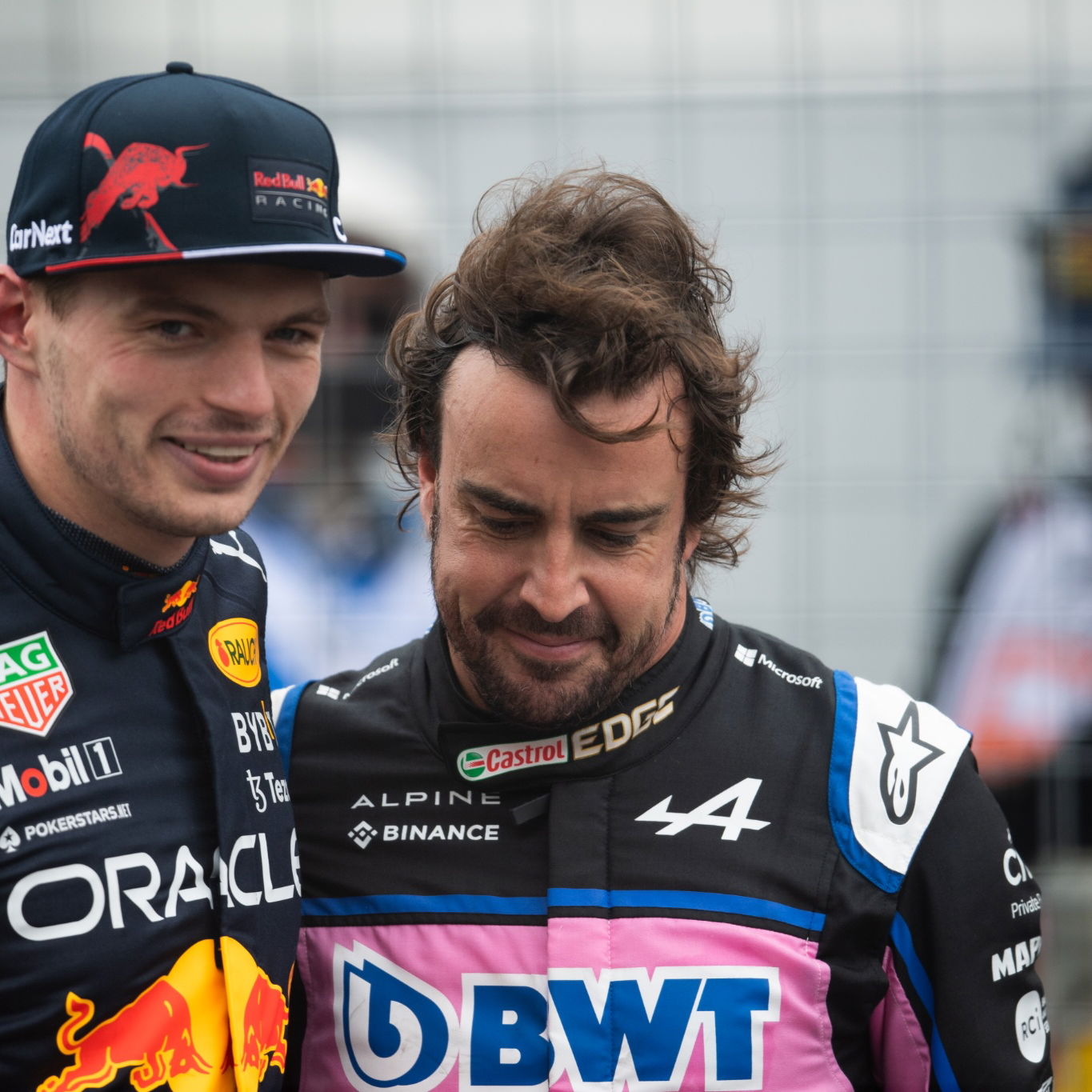 (L to R): Pole sitter Max Verstappen (NLD) Red Bull Racing in qualifying parc ferme with second placed Fernando Alonso (ESP)