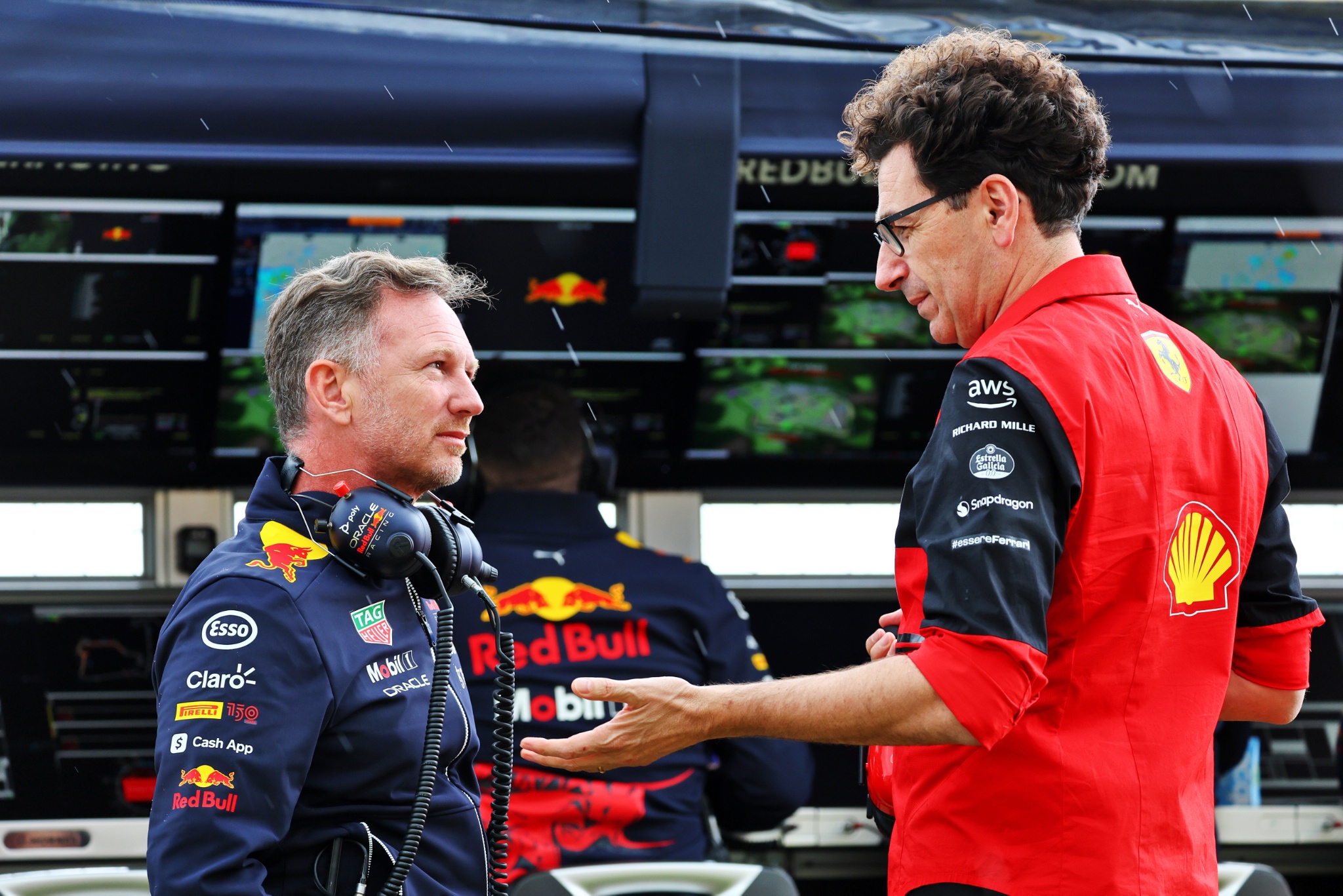 (L to R): Christian Horner (GBR) Red Bull Racing Team Principal with Mattia Binotto (ITA) Ferrari Team Principal. Formula