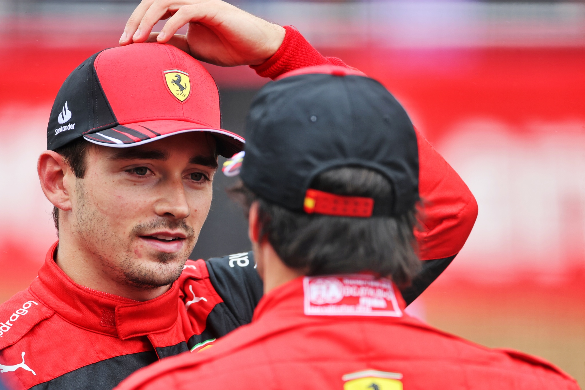 (L to R): Charles Leclerc (MON) Ferrari in qualifying parc ferme with team mate Carlos Sainz Jr (ESP) Ferrari. Formula 1