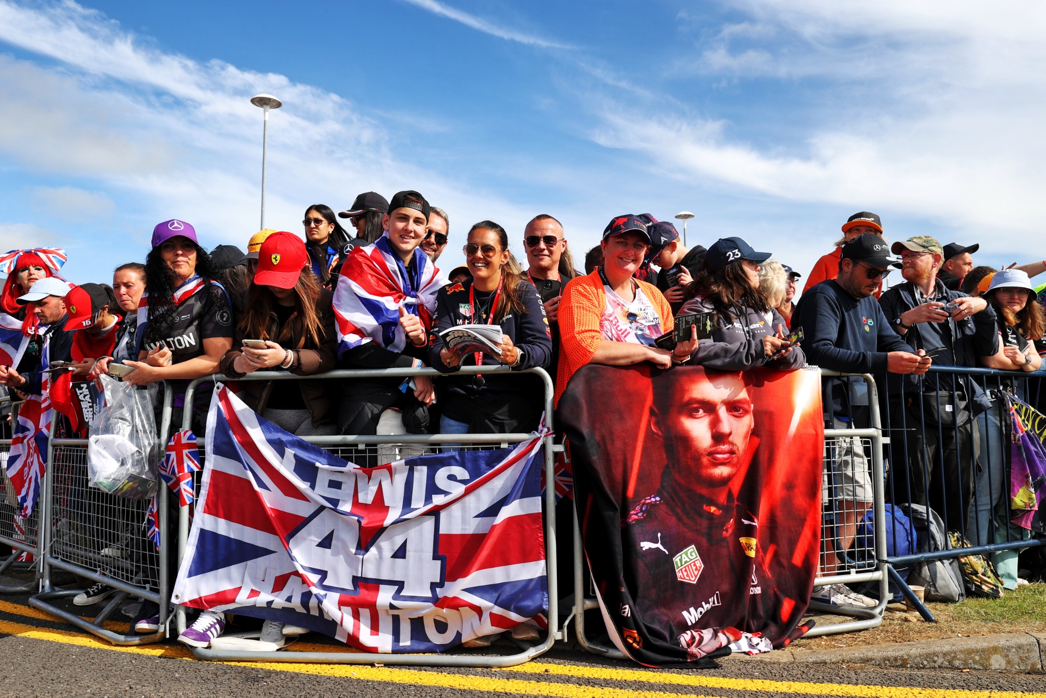 Circuit atmosphere - Lewis Hamilton (GBR) Mercedes AMG F1 and Max Verstappen (NLD) Red Bull Racing fans. Formula 1 World