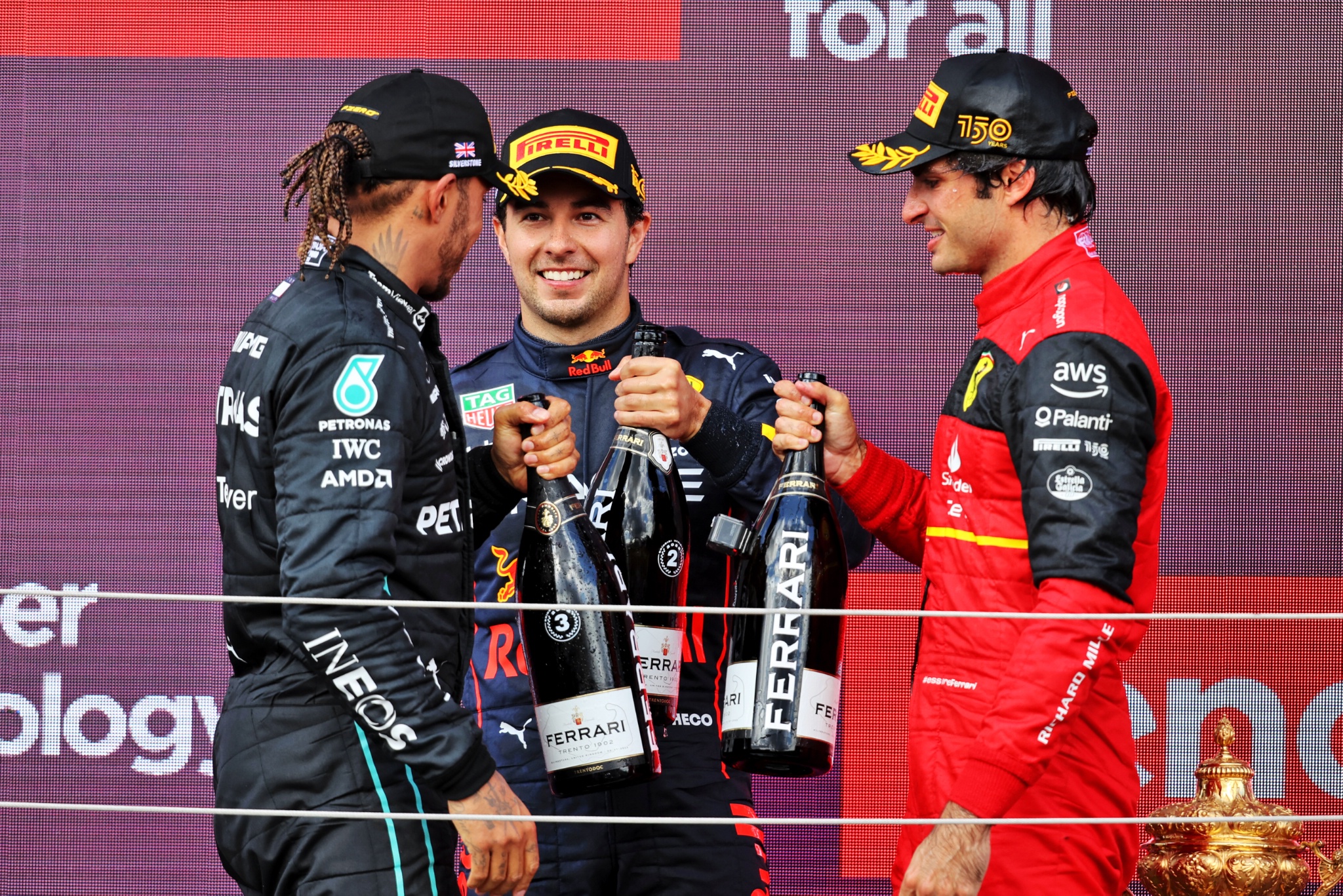The podium (L to R): Lewis Hamilton (GBR) Mercedes AMG F1, third; Sergio Perez (MEX) Red Bull Racing, second; Carlos Sainz