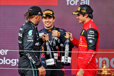 The podium (L to R): Lewis Hamilton (GBR) Mercedes AMG F1, third; Sergio Perez (MEX) Red Bull Racing, second; Carlos Sainz