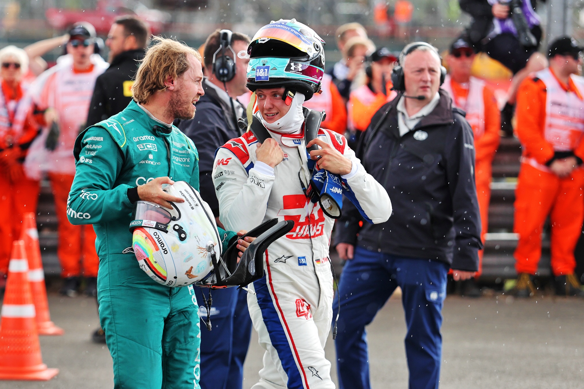 (L to R): Sebastian Vettel (GER) Aston Martin F1 Team with Mick Schumacher (GER) Haas F1 Team in parc ferme. Formula 1