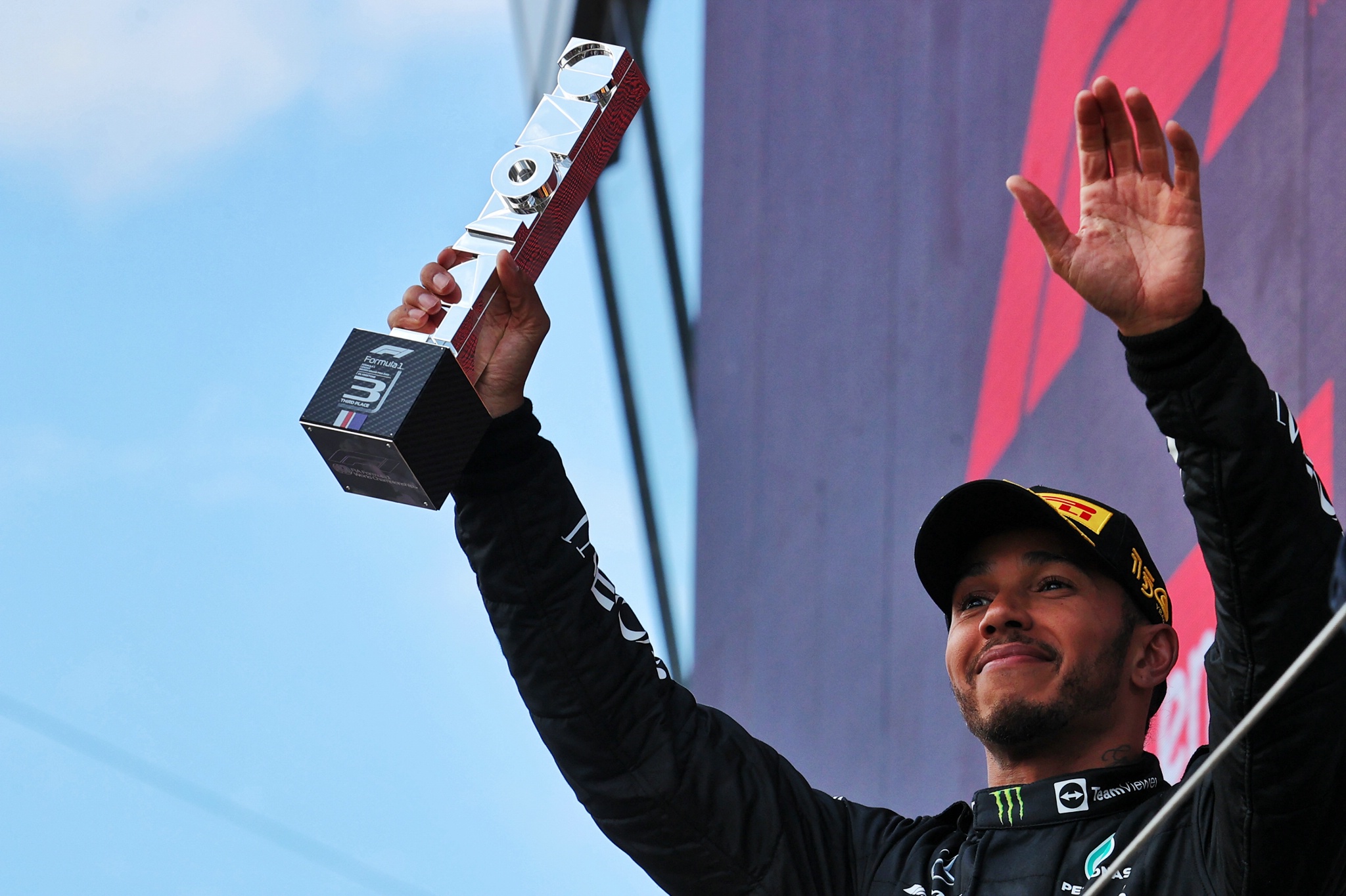 Lewis Hamilton (GBR) Mercedes AMG F1 celebrates his third position on the podium. Formula 1 World Championship, Rd 10,