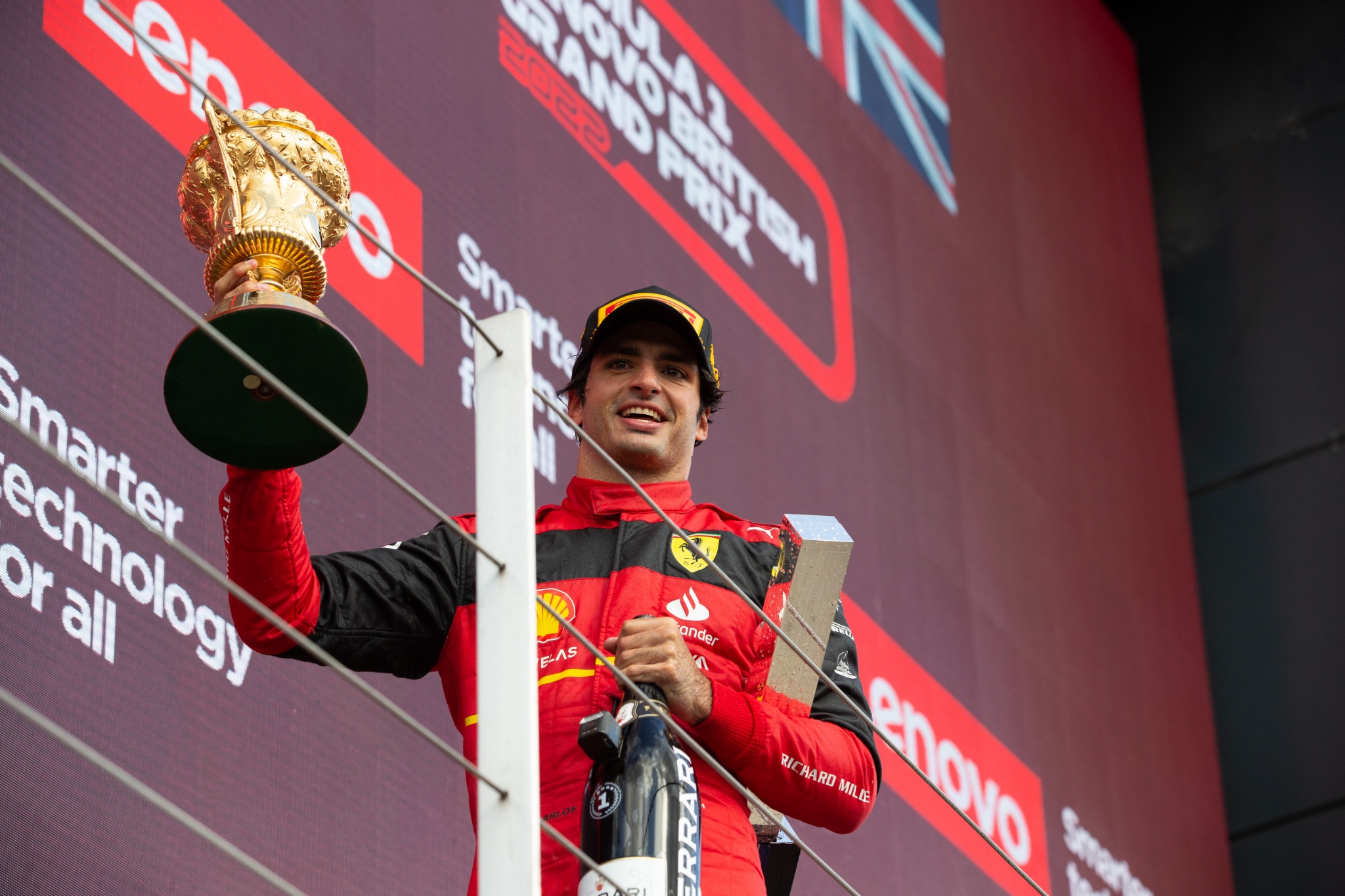 Race winner Carlos Sainz Jr (ESP) Ferrari celebrates on the podium. Formula 1 World Championship, Rd 10, British Grand
