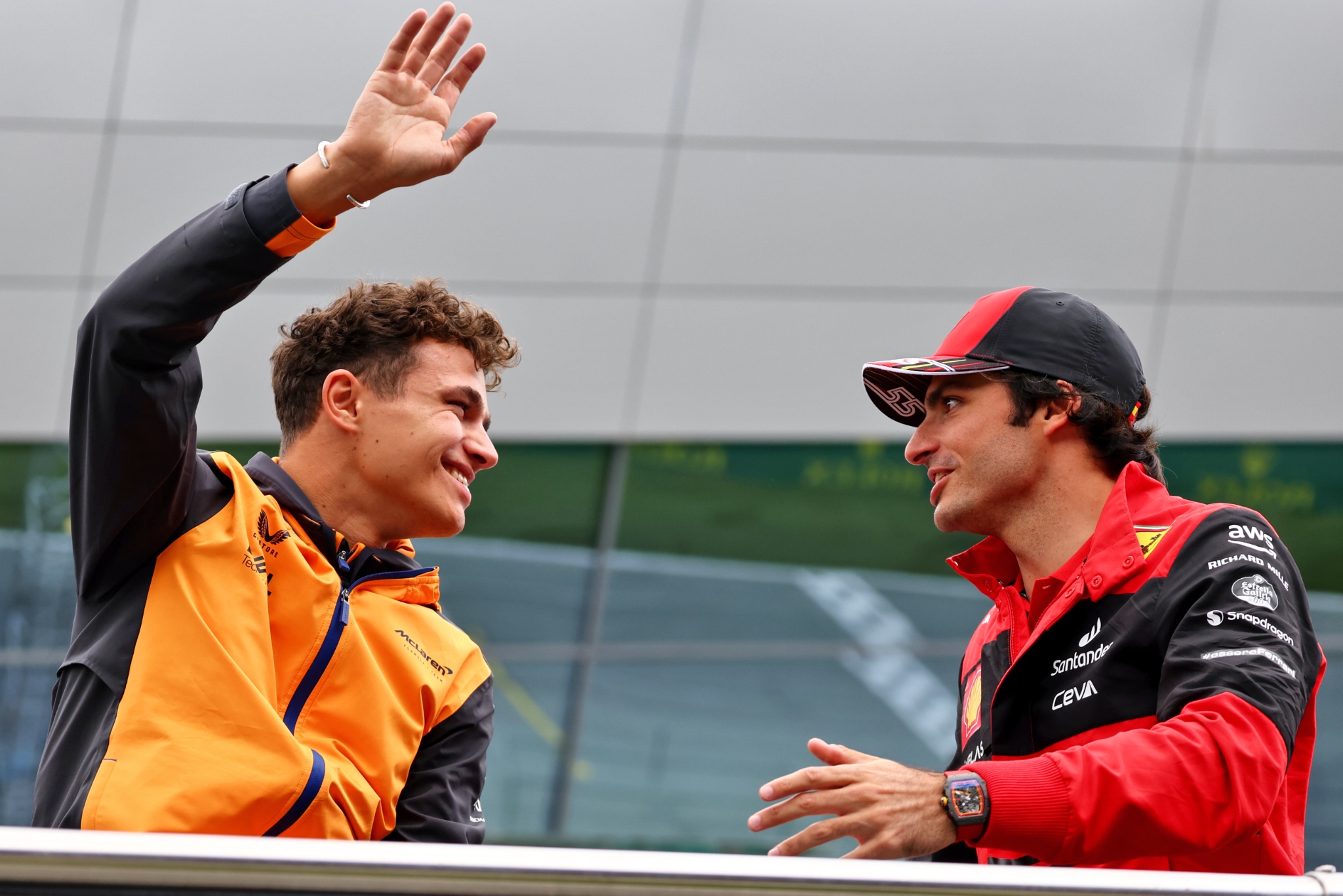 (L to R): Lando Norris (GBR) McLaren and Carlos Sainz Jr (ESP) Ferrari on the drivers parade. Formula 1 World