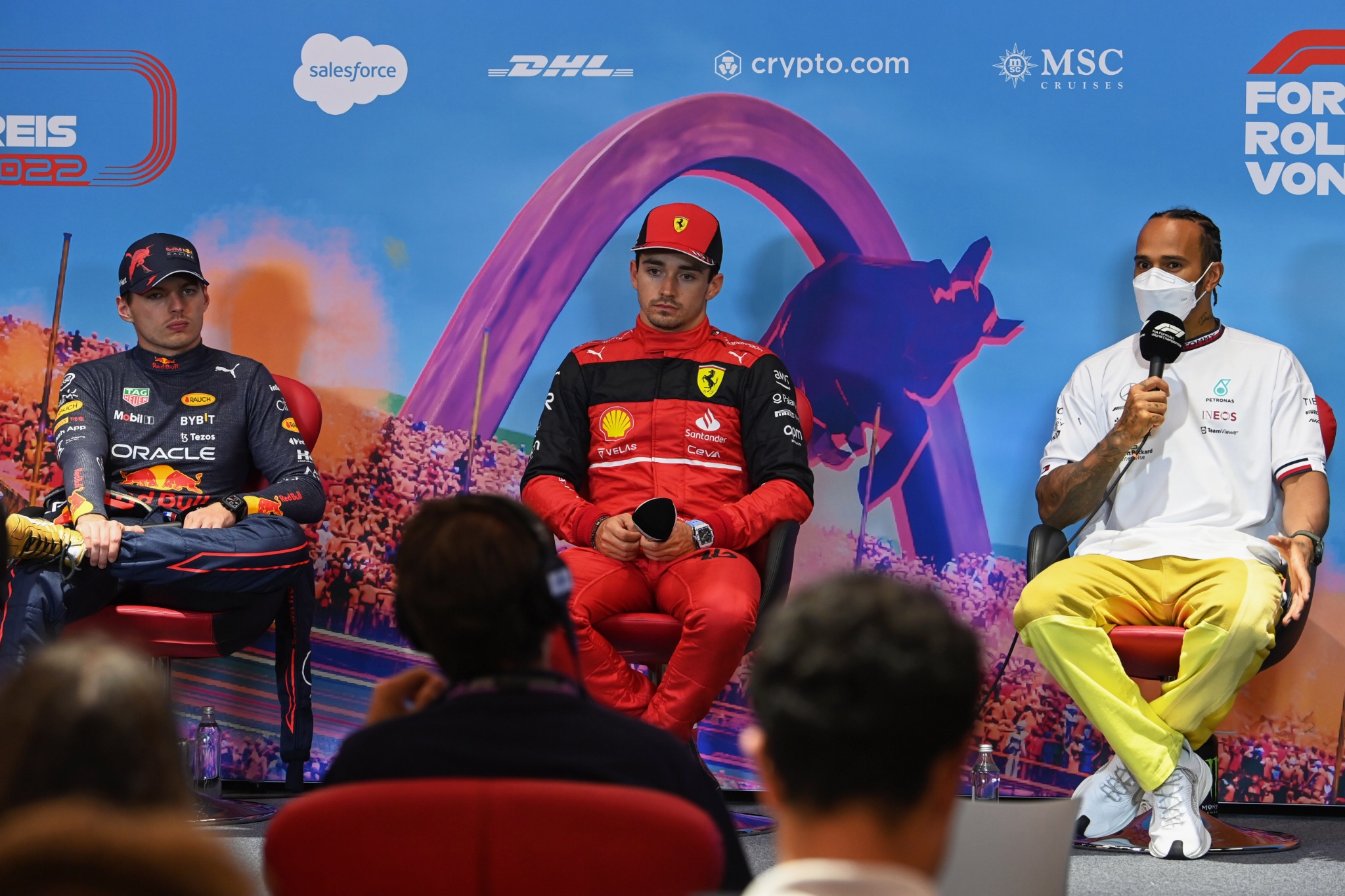 (L to R): Max Verstappen (NLD) Red Bull Racing; Charles Leclerc (MON) Ferrari; and Lewis Hamilton (GBR) Mercedes AMG F1, in