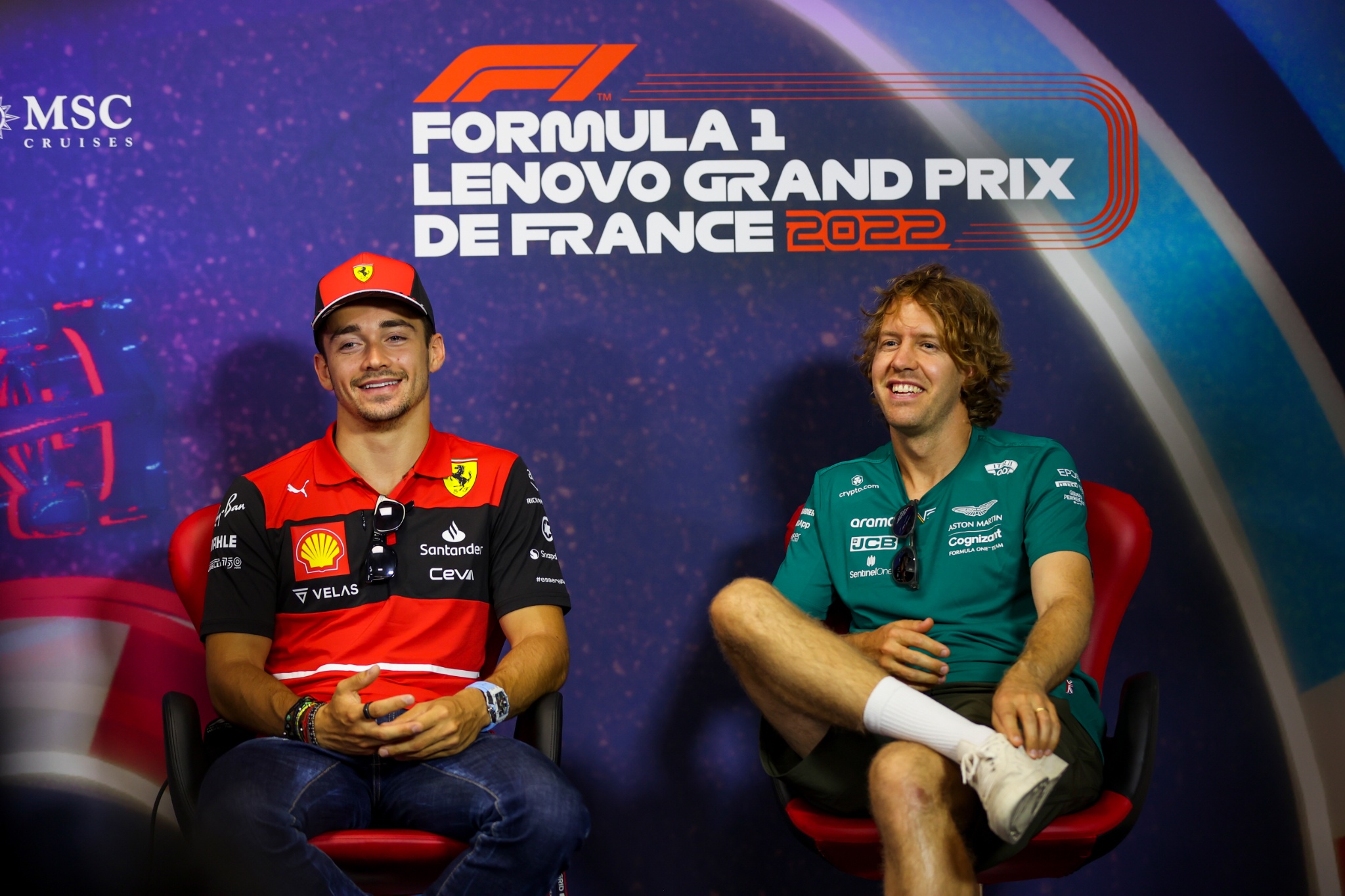 (L to R): Charles Leclerc (MON) Ferrari and Sebastian Vettel (GER) Aston Martin F1 Team in the FIA Press Conference.