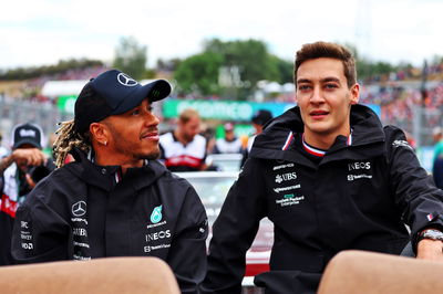 (L to R): Lewis Hamilton (GBR) Mercedes AMG F1 and team mate George Russell (GBR) Mercedes AMG F1 on the drivers parade.