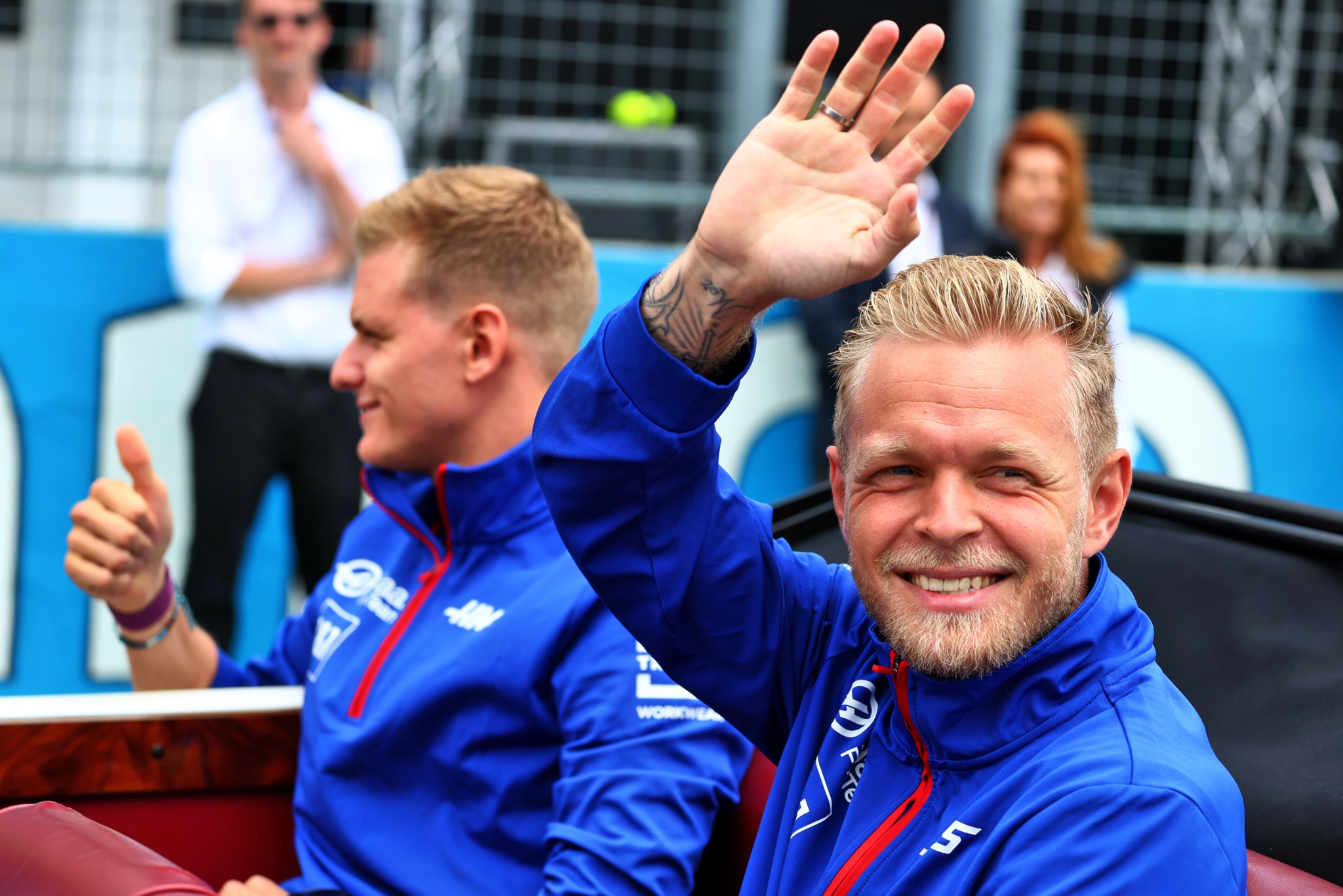 Kevin Magnussen (DEN) Haas F1 Team and Mick Schumacher (GER) Haas F1 Team on the drivers parade. Formula 1 World