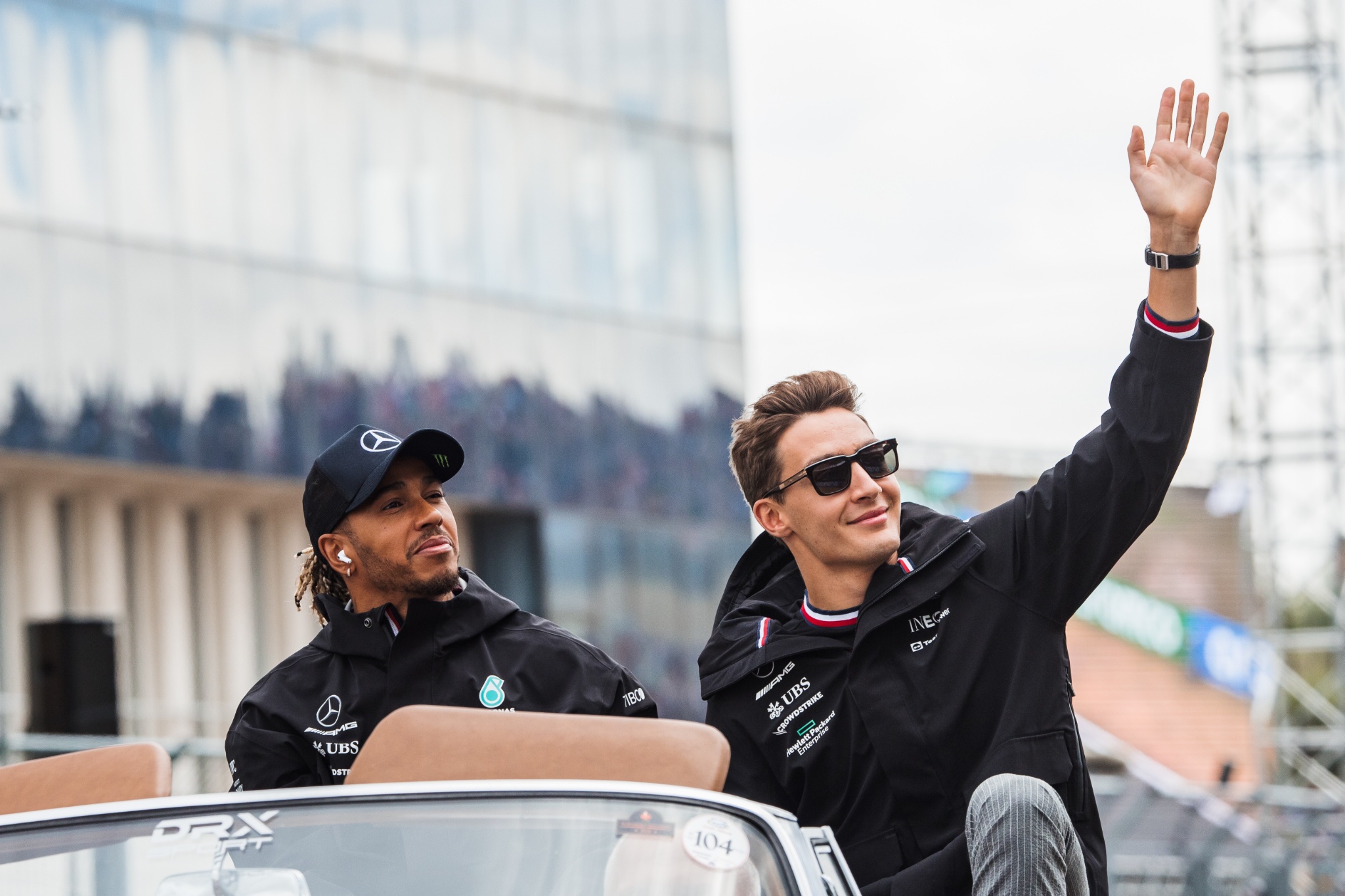 (L to R): Lewis Hamilton (GBR) Mercedes AMG F1 and team mate George Russell (GBR) Mercedes AMG F1 on the drivers parade.