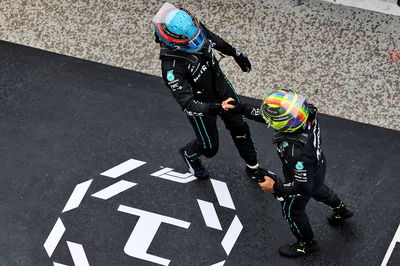 (L to R): George Russell (GBR) Mercedes AMG F1 celebrates his third position with second placed team mate Lewis Hamilton