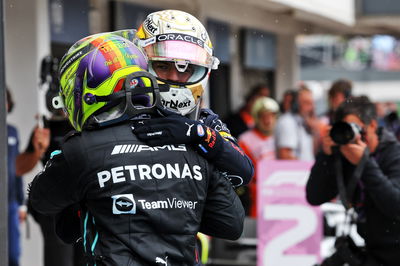 Race winner Max Verstappen (NLD) Red Bull Racing celebrates with second placed Lewis Hamilton (GBR)