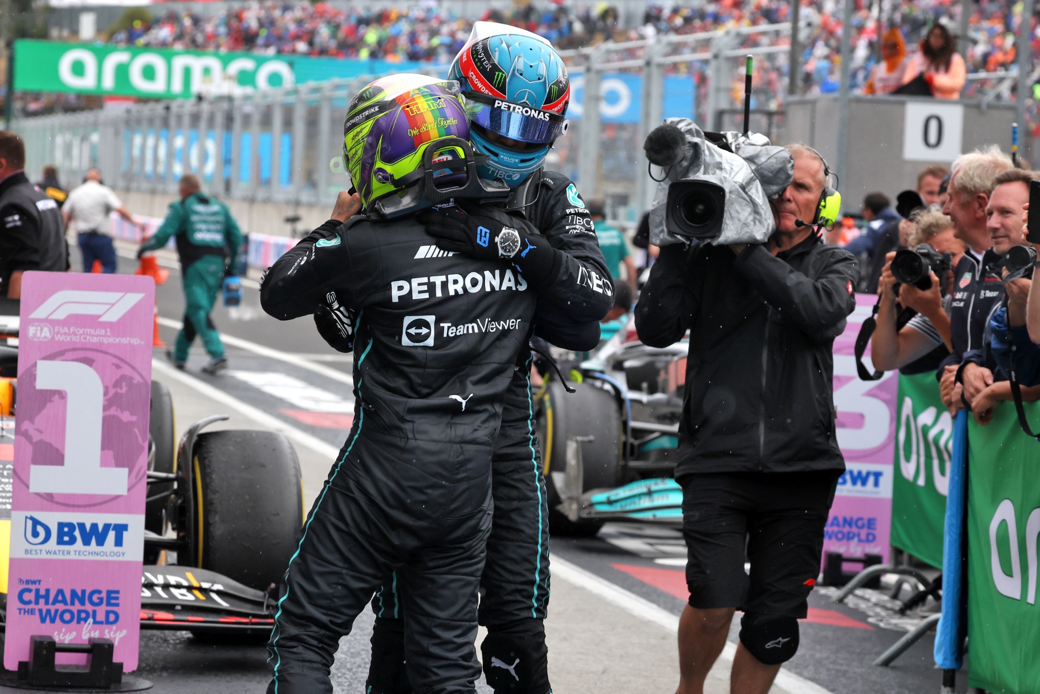 George Russell (GBR) Mercedes AMG F1 celebrates his third position with second placed team mate Lewis Hamilton (GBR)