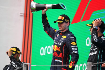 The podium (L to R): Lewis Hamilton (GBR) Mercedes AMG F1, second; Max Verstappen (NLD) Red Bull Racing, race winner; George