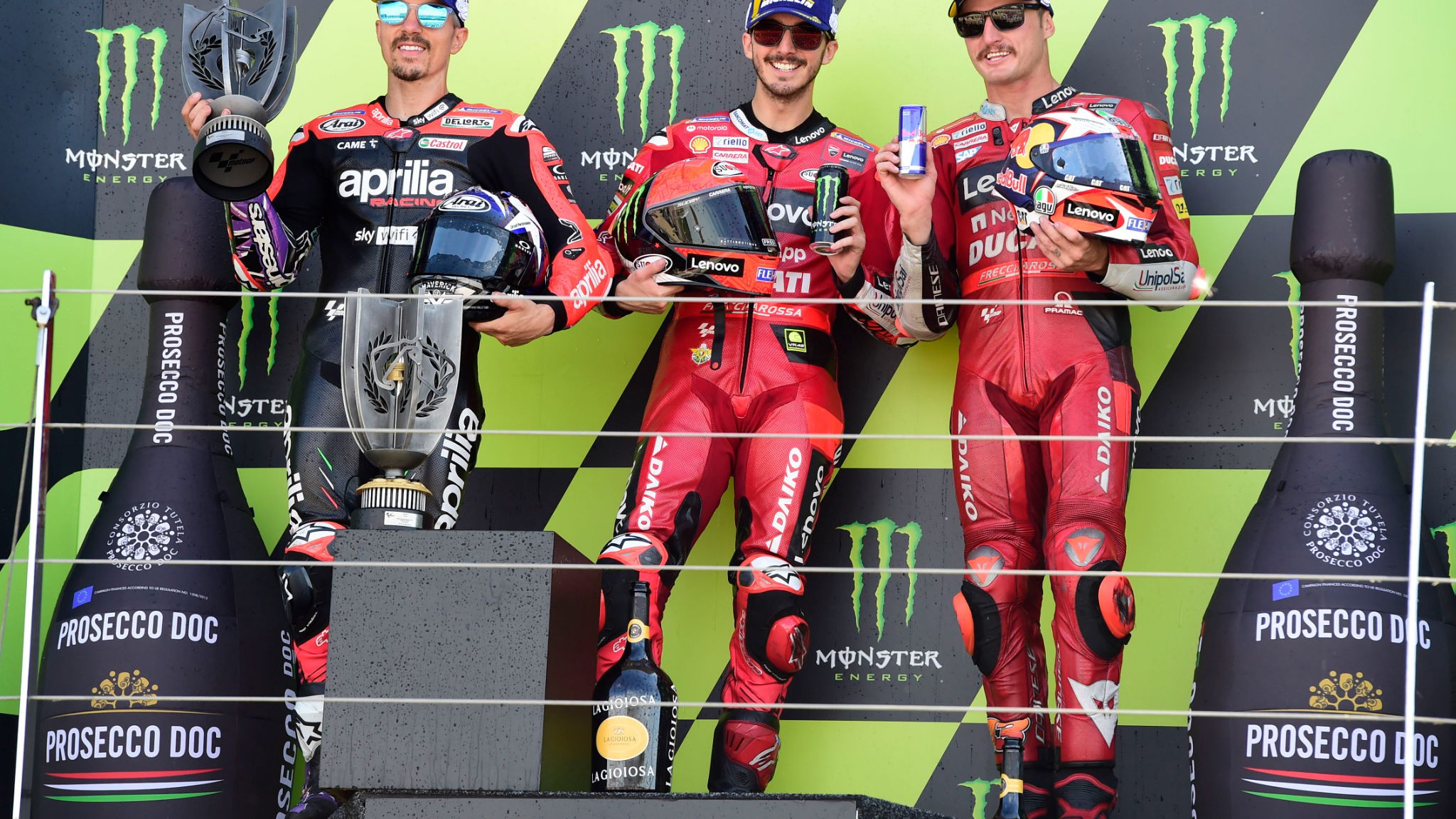 Francesco Bagnaia, Maverick Vinales, Jack Miller podium, MotoGP race, British MotoGP, 7 August