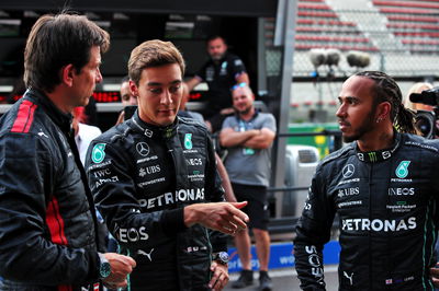 (L to R): Toto Wolff (GER) Mercedes AMG F1 Shareholder and Executive Director with George Russell (GBR) Mercedes AMG F1 and