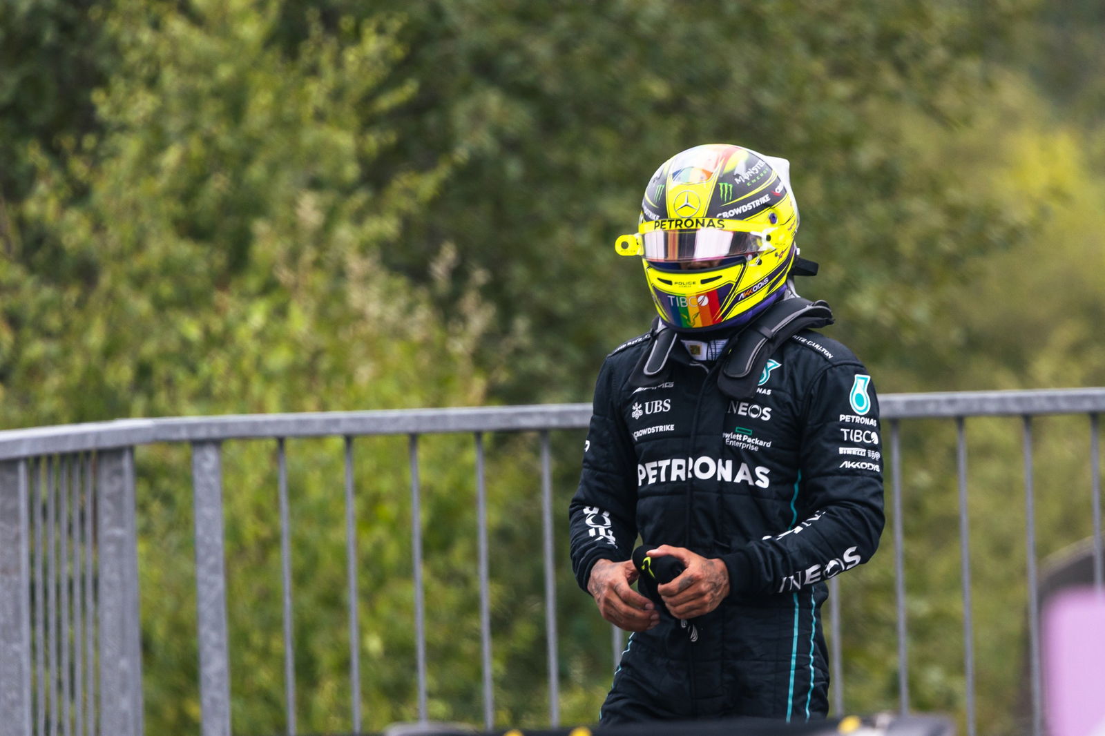 Lewis Hamilton (GBR) Mercedes AMG F1 in qualifying parc ferme. Formula 1 World Championship, Rd 14, Belgian Grand Prix,