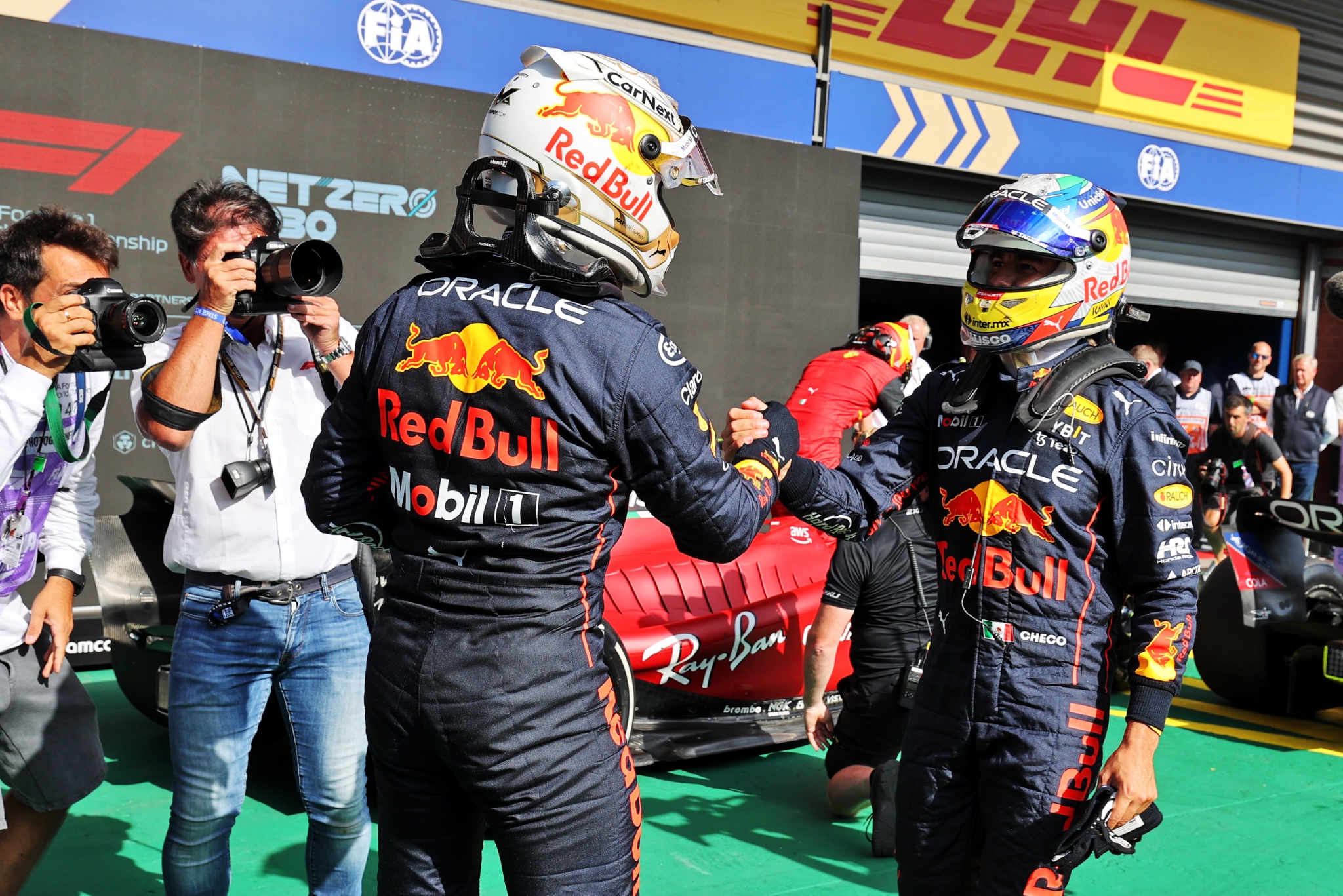 (L to R): Race winner Max Verstappen (NLD) Red Bull Racing celebrates with second placed team mate Sergio Perez (MEX) Red