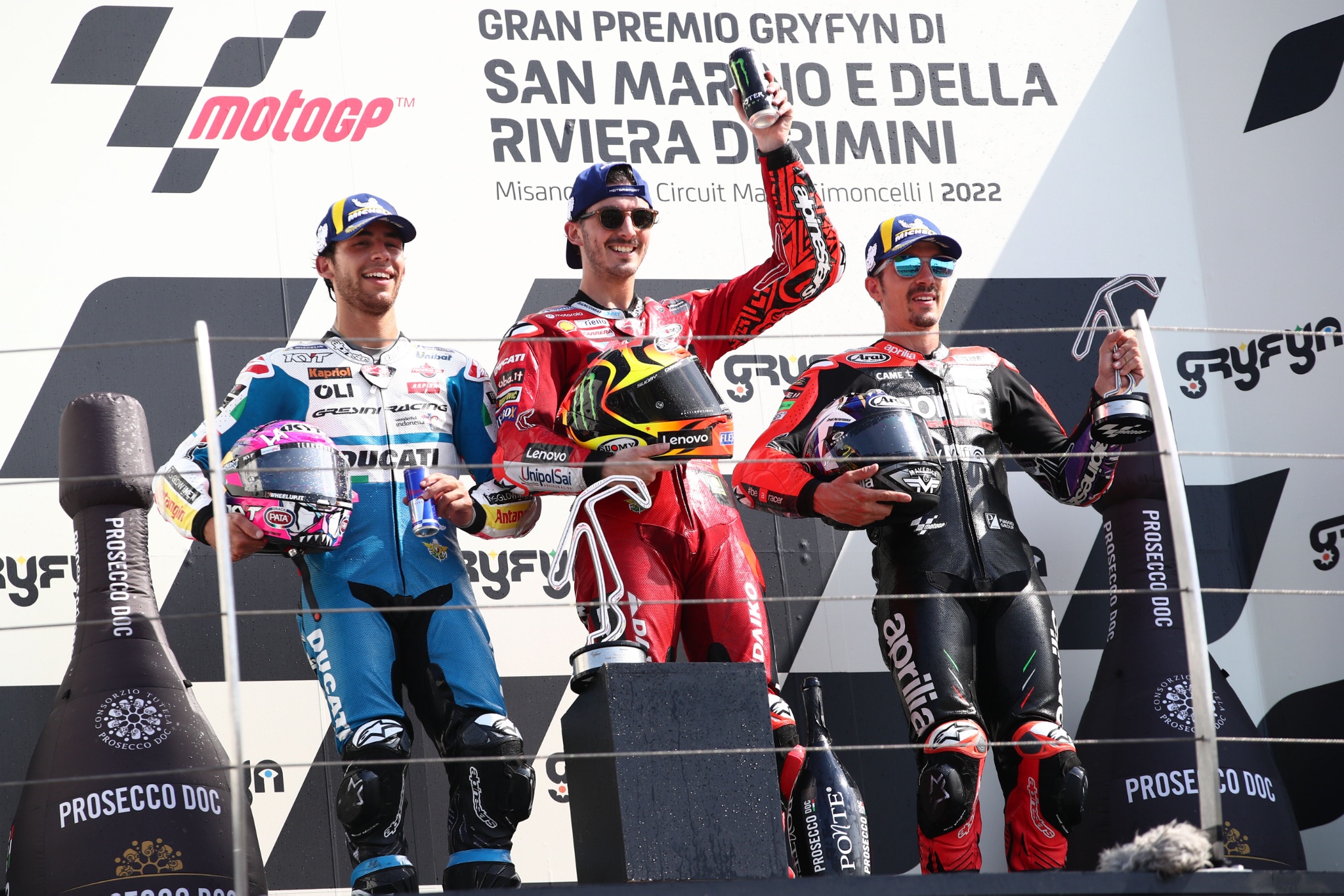 Francesco Bagnaia, Enea Bastianini, Maverick Vinales podium, MotoGP race, San Marino MotoGP, 4 September