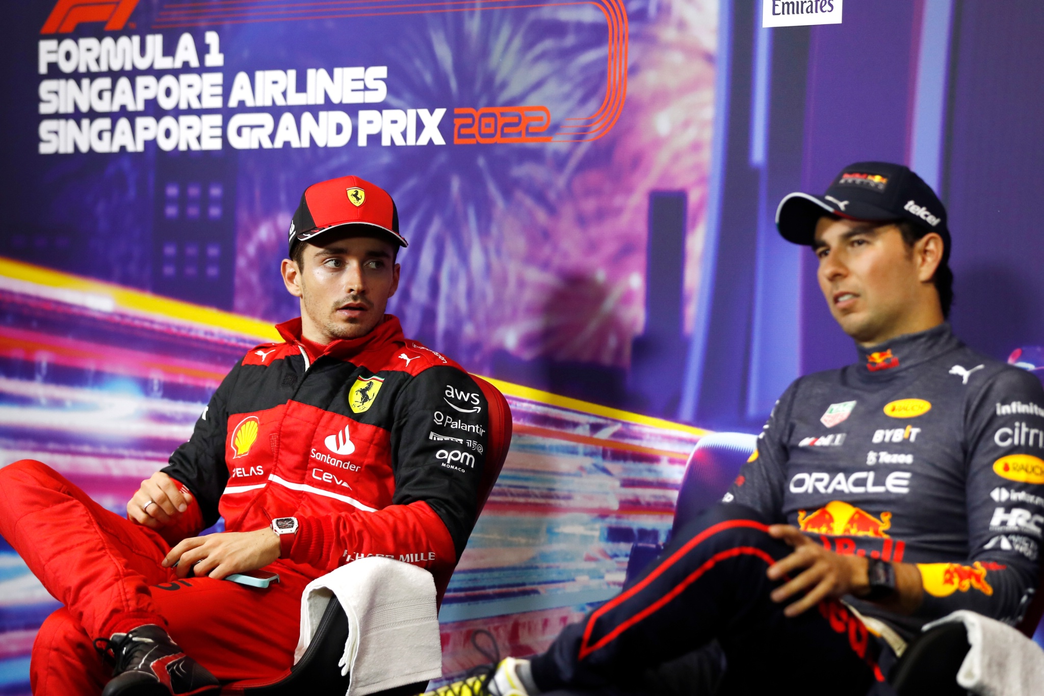 (L to R): Charles Leclerc (MON) Ferrari and Sergio Perez (MEX) Red Bull Racing in the post race FIA Press Conference.