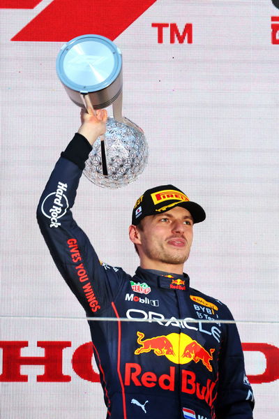 Race winner Max Verstappen (NLD) Red Bull Racing celebrates on the podium. Formula 1 World Championship, Rd 18, Japanese