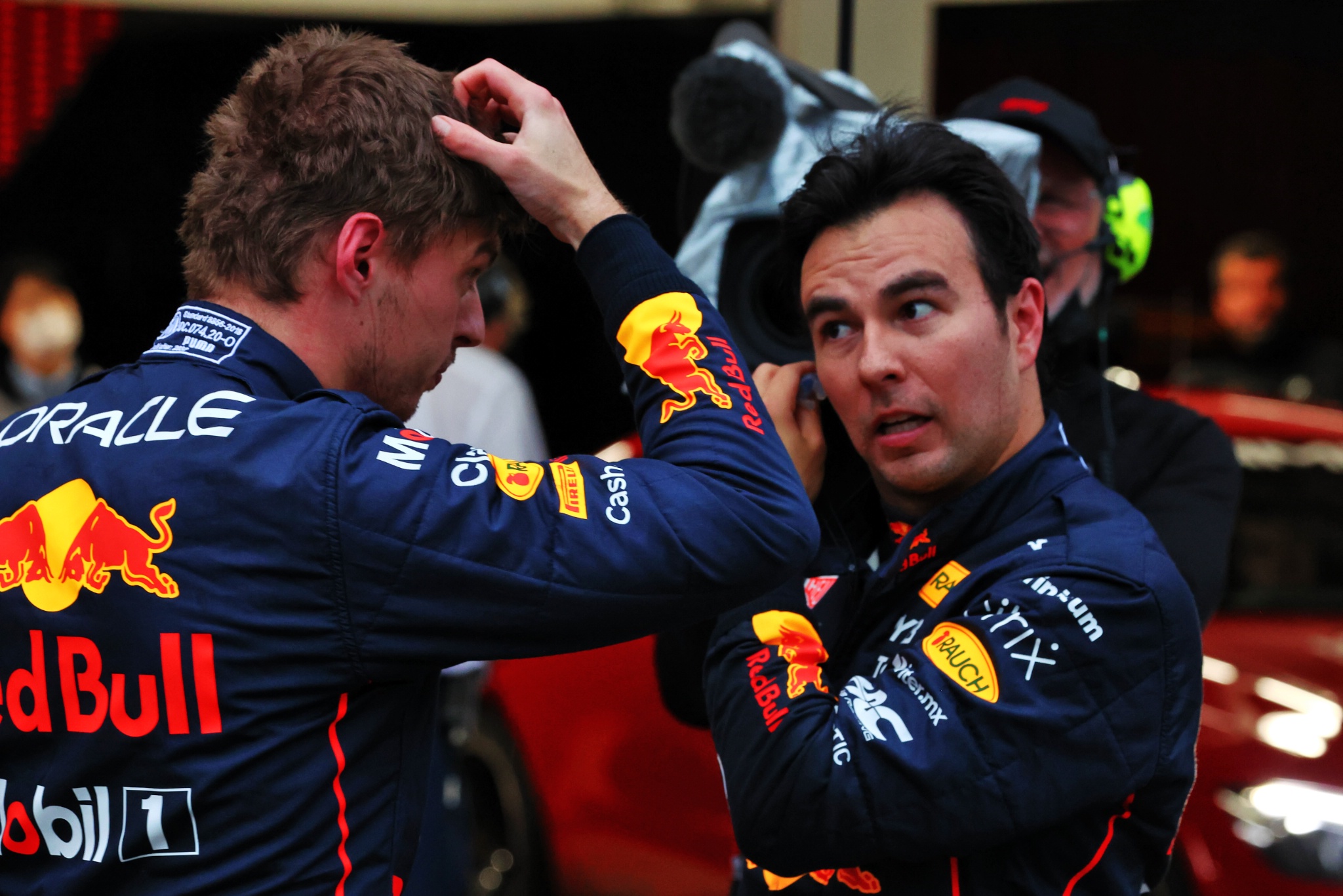 Race winner Max Verstappen (NLD) Red Bull Racing with team mate Sergio Perez (MEX) Red Bull Racing in parc ferme. Formula